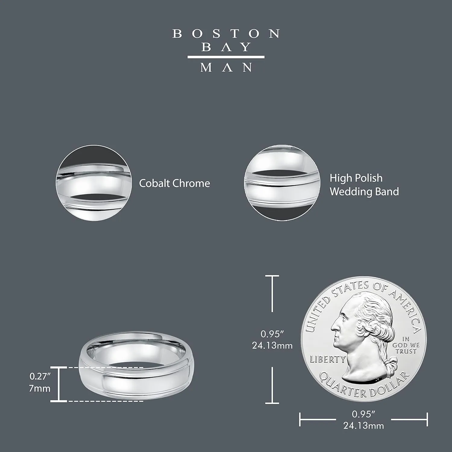 Boston Bay Diamonds Silver Cobalt Chrome Unisex Comfort Fit Mens Wedding Band or Fashion Ring - 6mm & 7mm - Choice of Style
