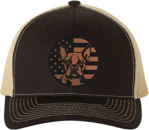 Boston Terrier Dog Patriotic Design Laser Engraved Leather Patch Richardson 112 Snapback Trucker Cap