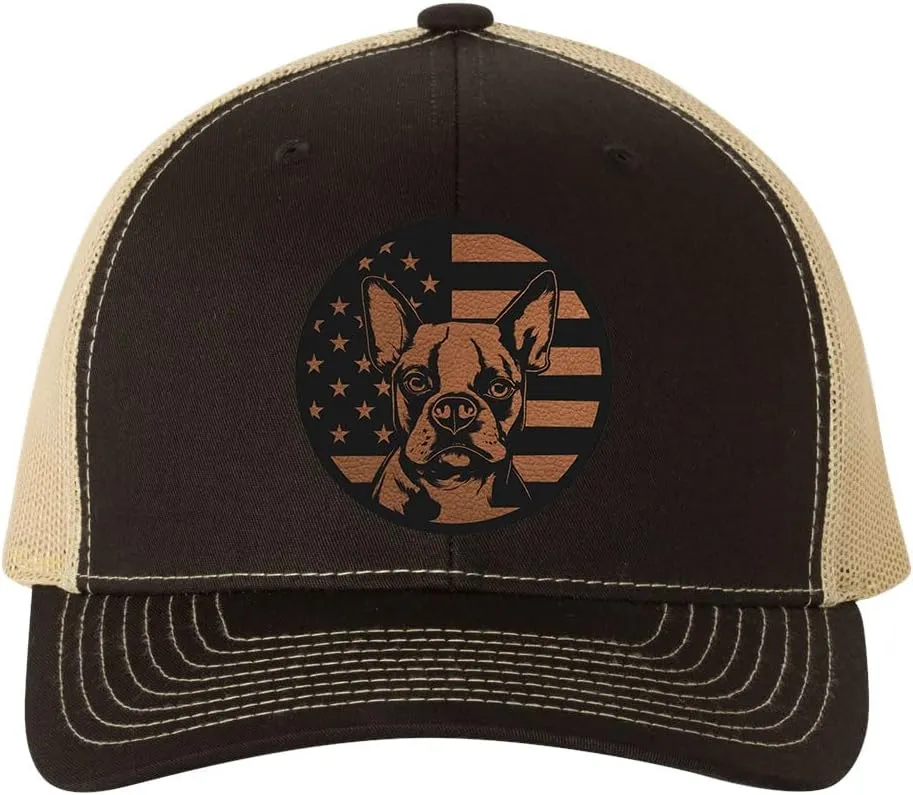 Boston Terrier Dog Patriotic Design Laser Engraved Leather Patch Richardson 112 Snapback Trucker Cap