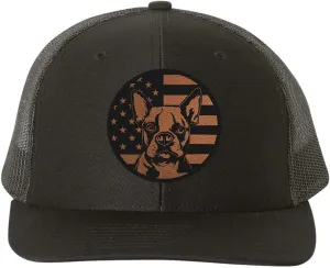 Boston Terrier Dog Patriotic Design Laser Engraved Leather Patch Richardson 112 Snapback Trucker Cap