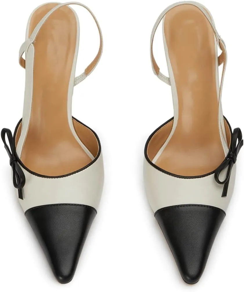 Bow Tie Slingback Pumps for Women Closed Pointed Toe High Stiletto Heels Two-Tone Backless Heeled Sandals