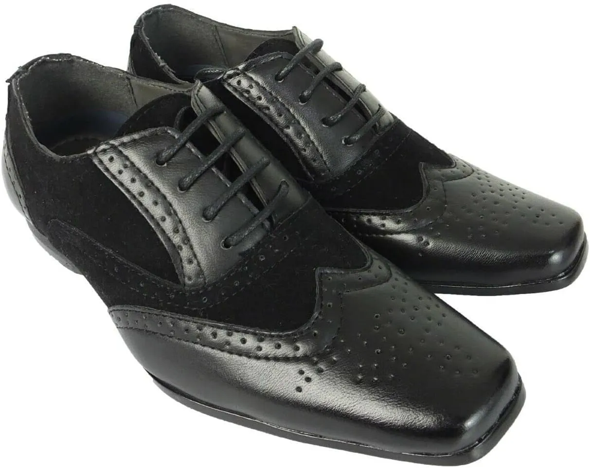 Boys Suede Faux Leather Mix Brogue Dress Lace Up Shoes Formal Prom Classic Footwear