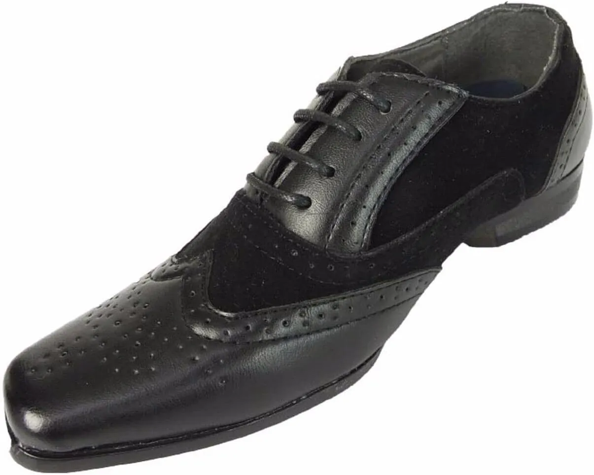 Boys Suede Faux Leather Mix Brogue Dress Lace Up Shoes Formal Prom Classic Footwear