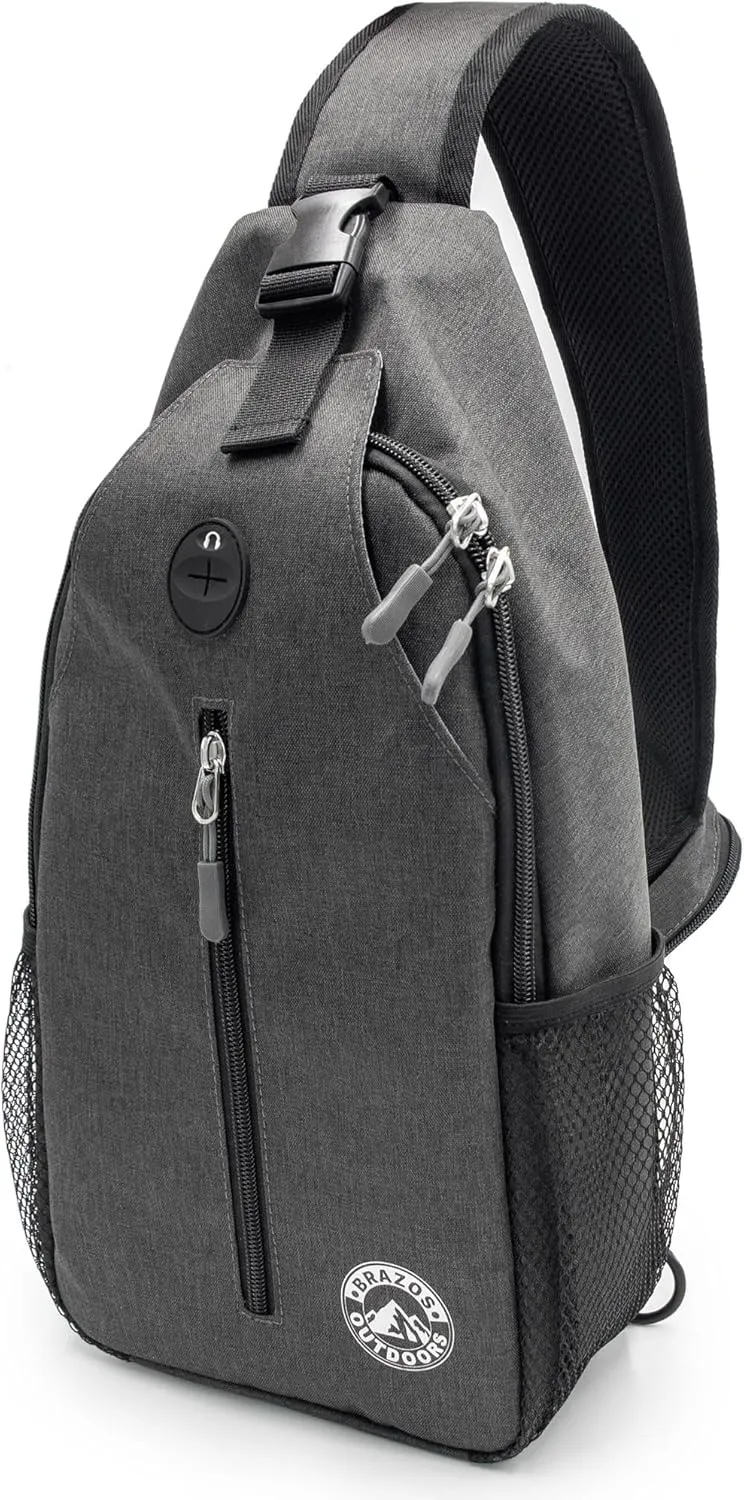 Brazos Crossbody Sling Hiking Daypack, 6 Pocket Design,Removable Phone Compartment, Headphone Accessible Hole,Reversible Strap, Grey
