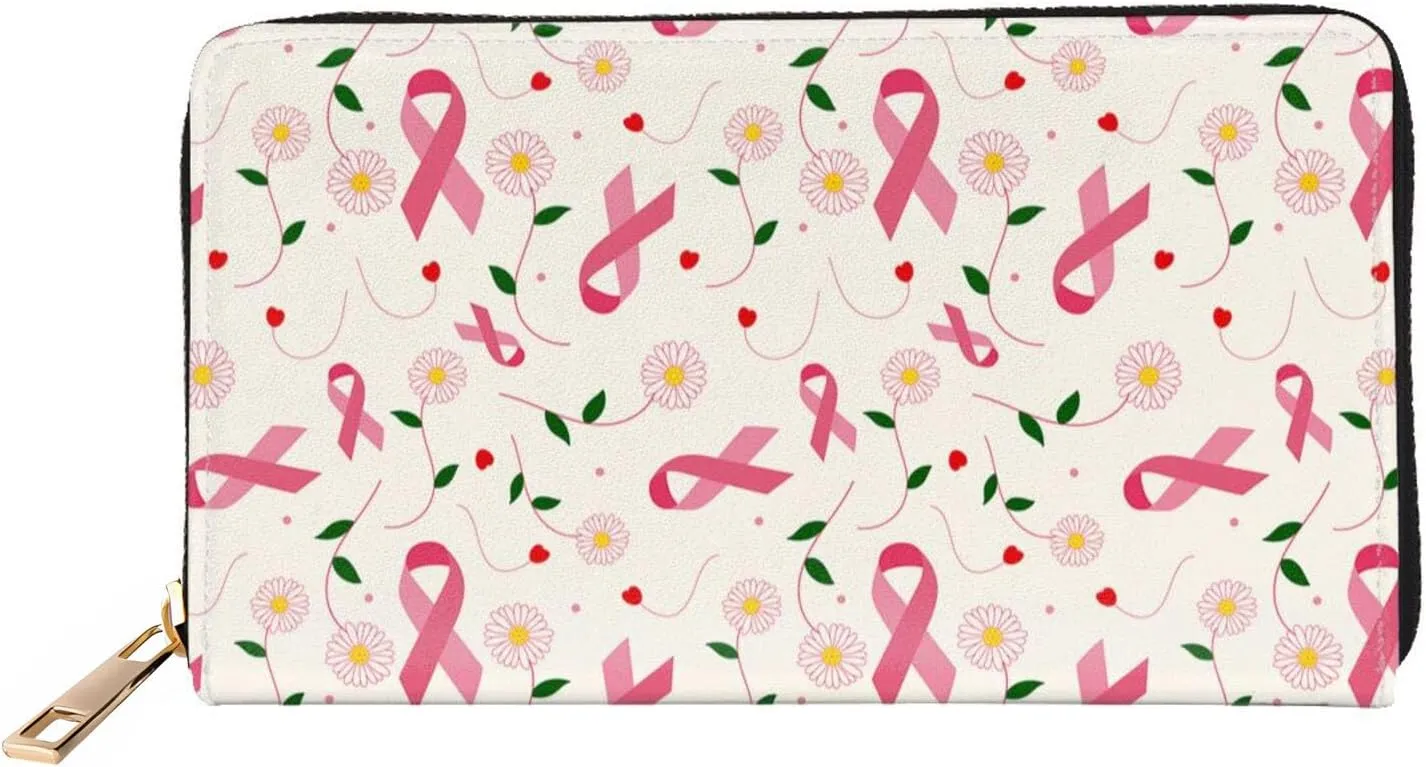Breast Cancer Awareness Leather Wallet Phone Credit Card Money Holder with Many Rooms Zipper Purse for Women