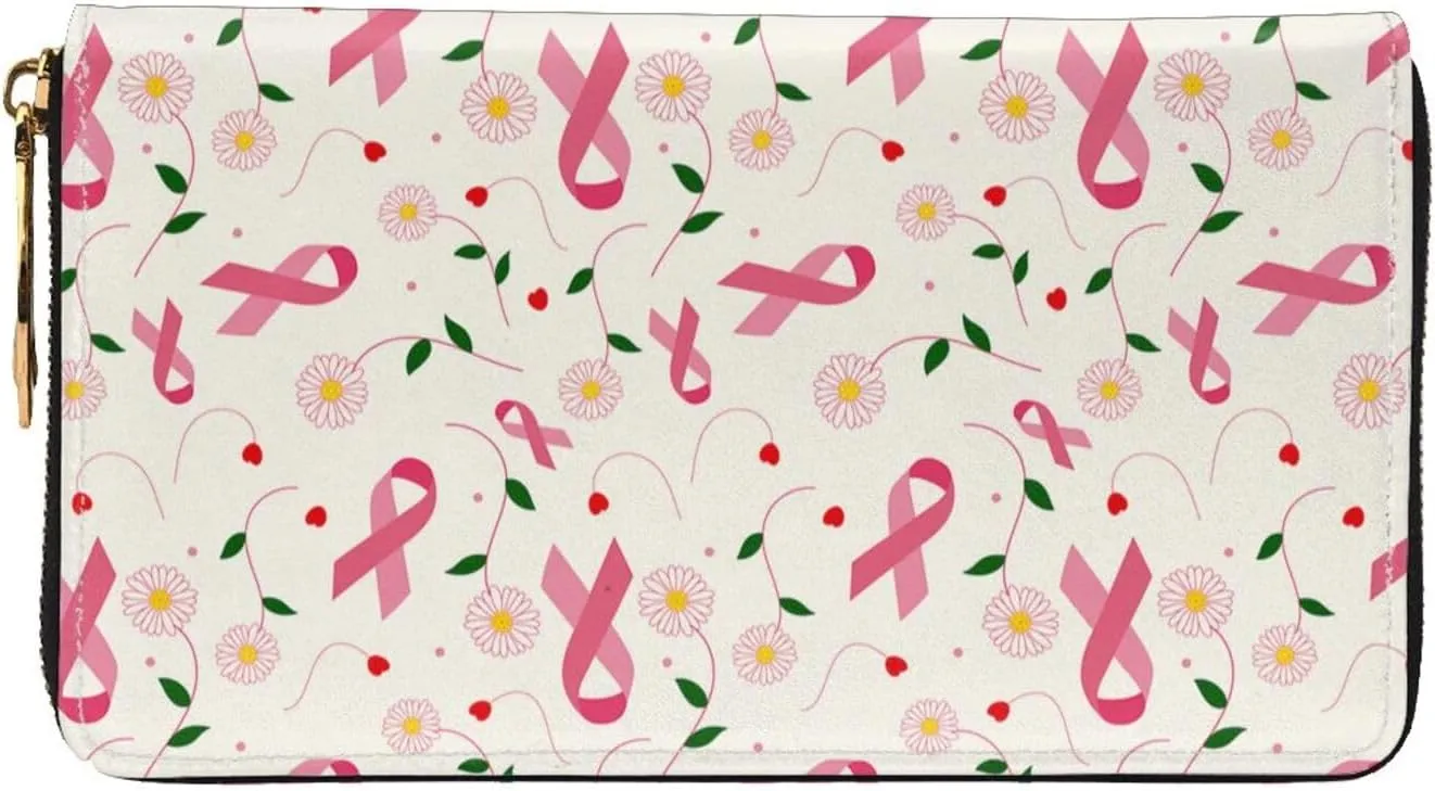 Breast Cancer Awareness Leather Wallet Phone Credit Card Money Holder with Many Rooms Zipper Purse for Women
