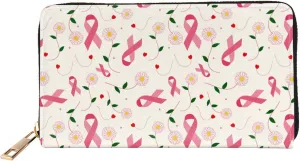 Breast Cancer Awareness Leather Wallet Phone Credit Card Money Holder with Many Rooms Zipper Purse for Women