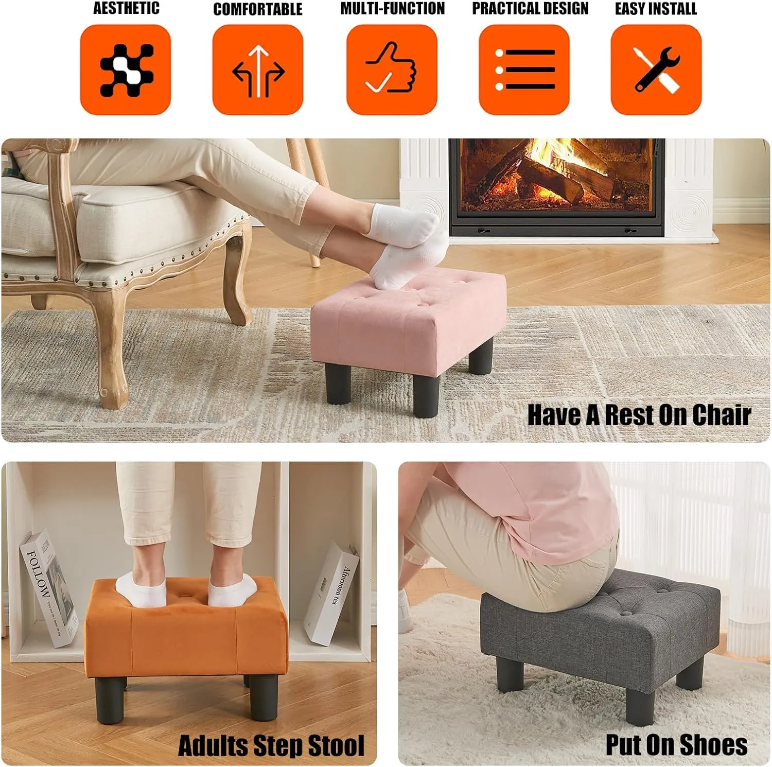 BRIAN & DANY Small Foot Stool, Velvet Foot Stools with Legs, Stable Small Footstool for Living Room, Black