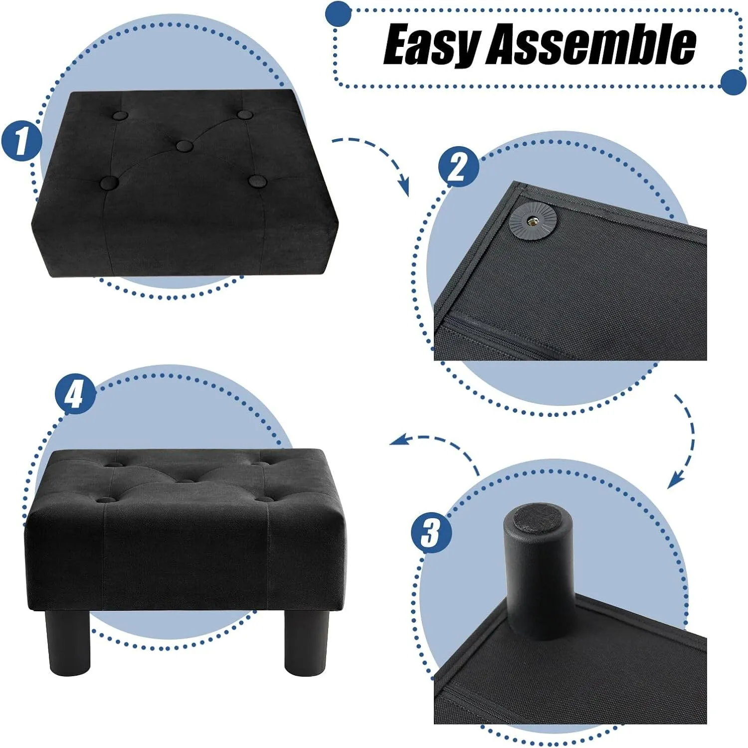 BRIAN & DANY Small Foot Stool, Velvet Foot Stools with Legs, Stable Small Footstool for Living Room, Black