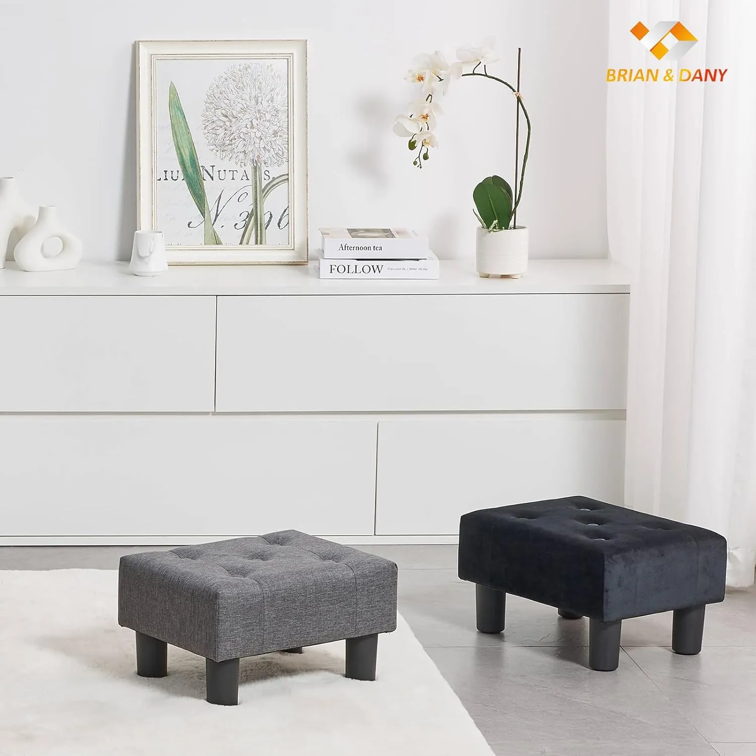 BRIAN & DANY Small Foot Stool, Velvet Foot Stools with Legs, Stable Small Footstool for Living Room, Black