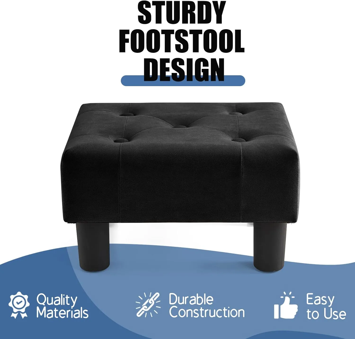 BRIAN & DANY Small Foot Stool, Velvet Foot Stools with Legs, Stable Small Footstool for Living Room, Black