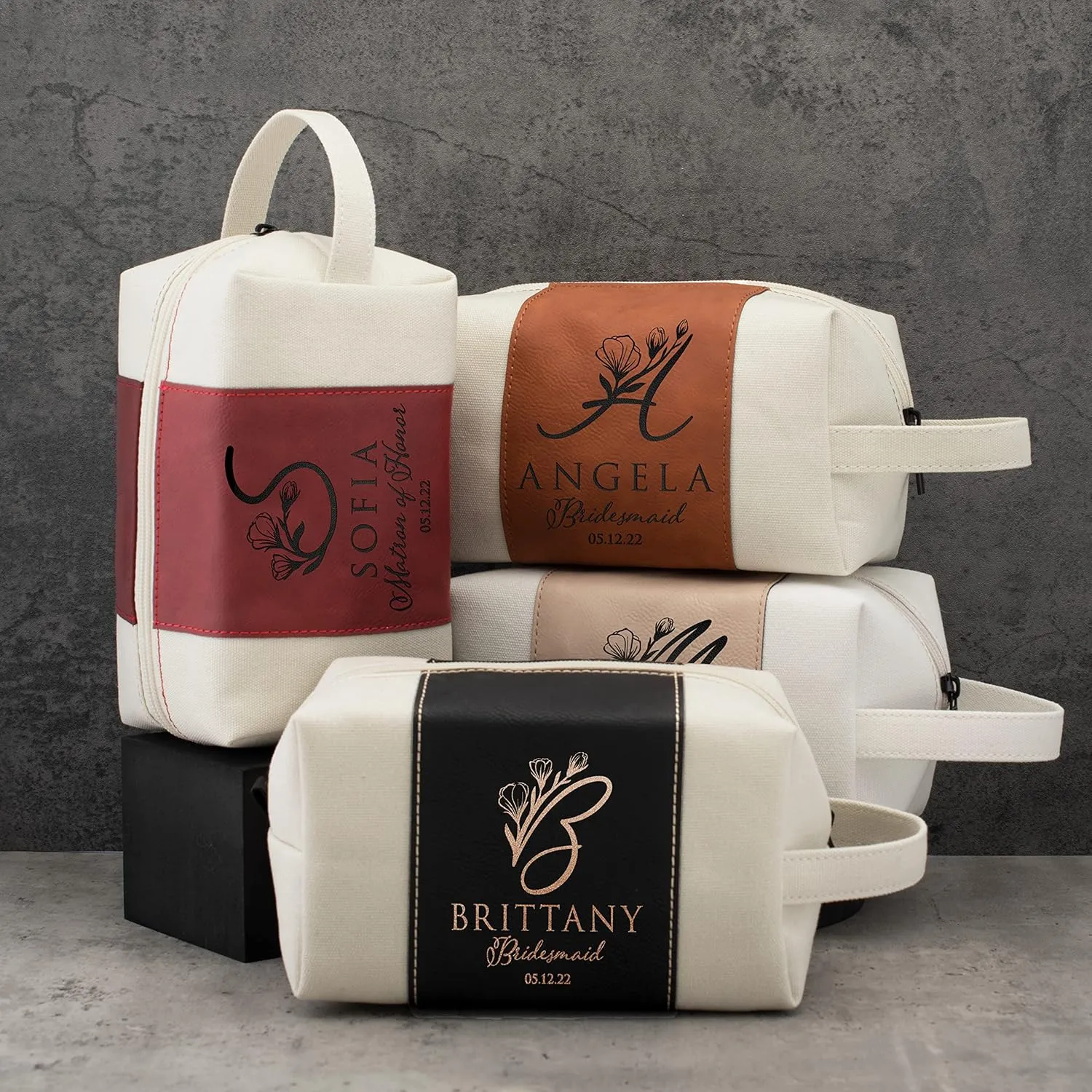 Bridesmaid Gifts Set of 3, Personalized Toiletry Bag for Women, 3 Design & 4 Color, Custom w/Name, Title, Date, Bridesmaid Proposal Gifts, Bridal Shower Gift, Bachalorette Party Favors, D2 - BURGUNDY