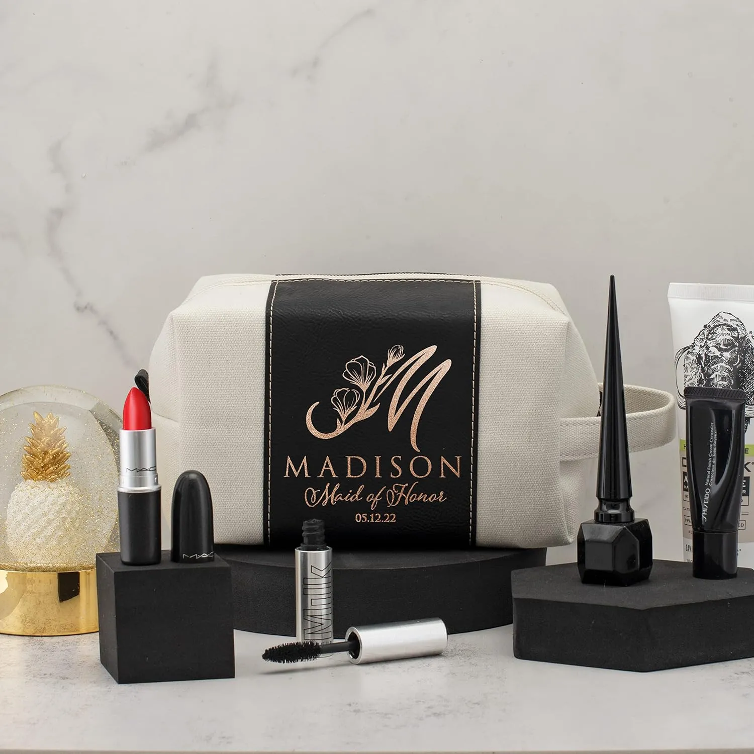Bridesmaid Gifts Set of 3, Personalized Toiletry Bag for Women, 3 Designs & 4 Colors, Custom w/Name, Title, Date, Bridesmaid Proposal Gifts, Bridal Shower Gift, Bachalorette Party Favors, D2 - BLACK