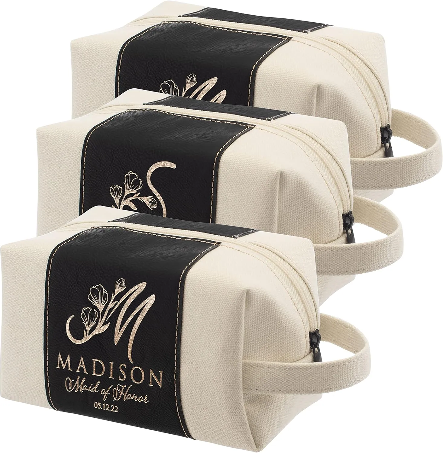 Bridesmaid Gifts Set of 3, Personalized Toiletry Bag for Women, 3 Designs & 4 Colors, Custom w/Name, Title, Date, Bridesmaid Proposal Gifts, Bridal Shower Gift, Bachalorette Party Favors, D2 - BLACK