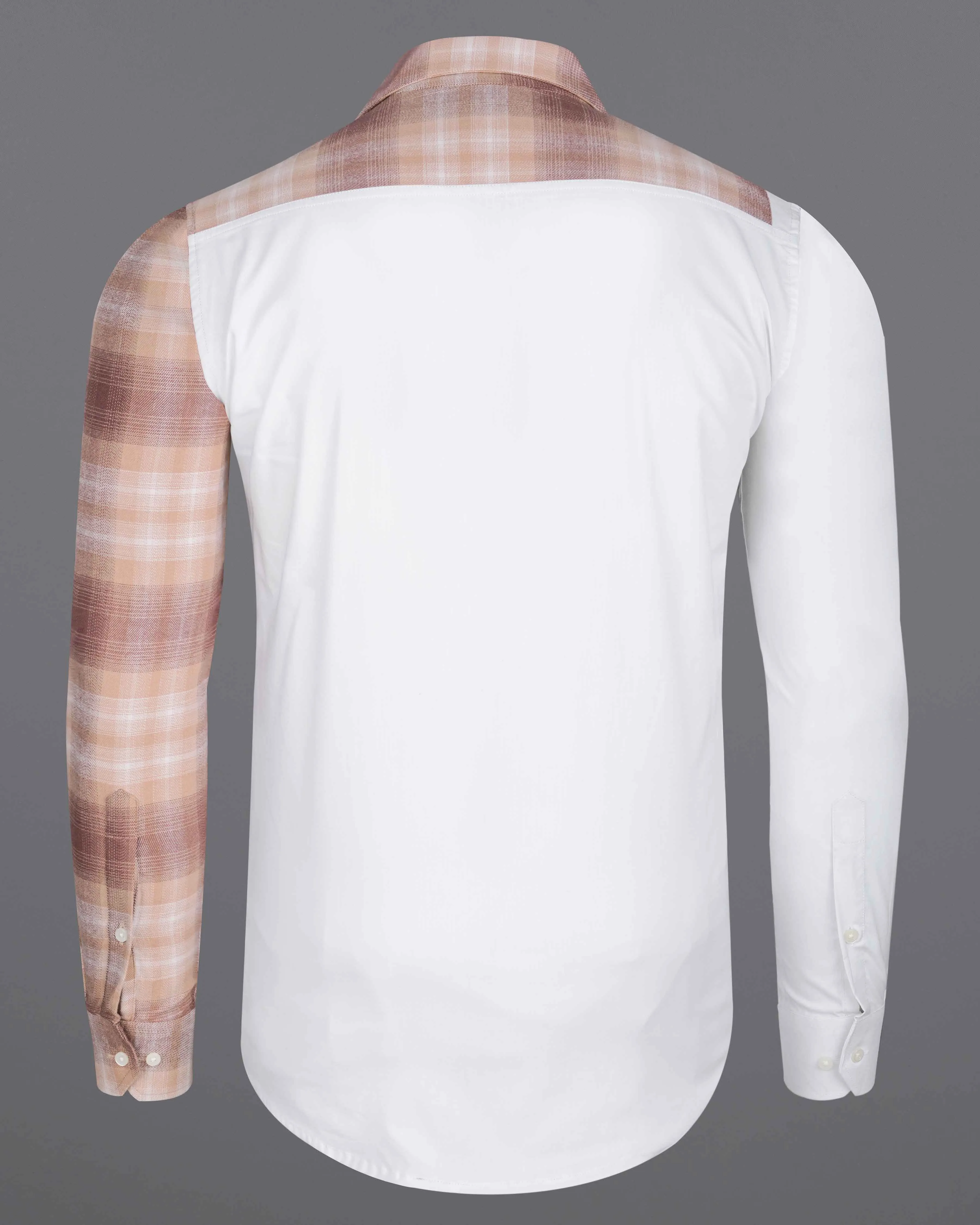 Bright White with Bizarre Brown Checkered Chambray Designer Shirt