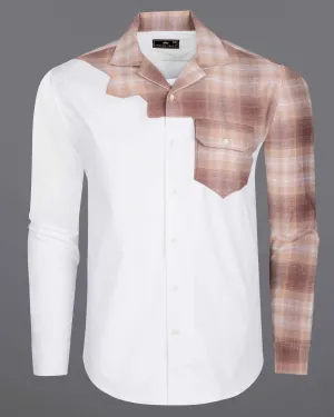 Bright White with Bizarre Brown Checkered Chambray Designer Shirt