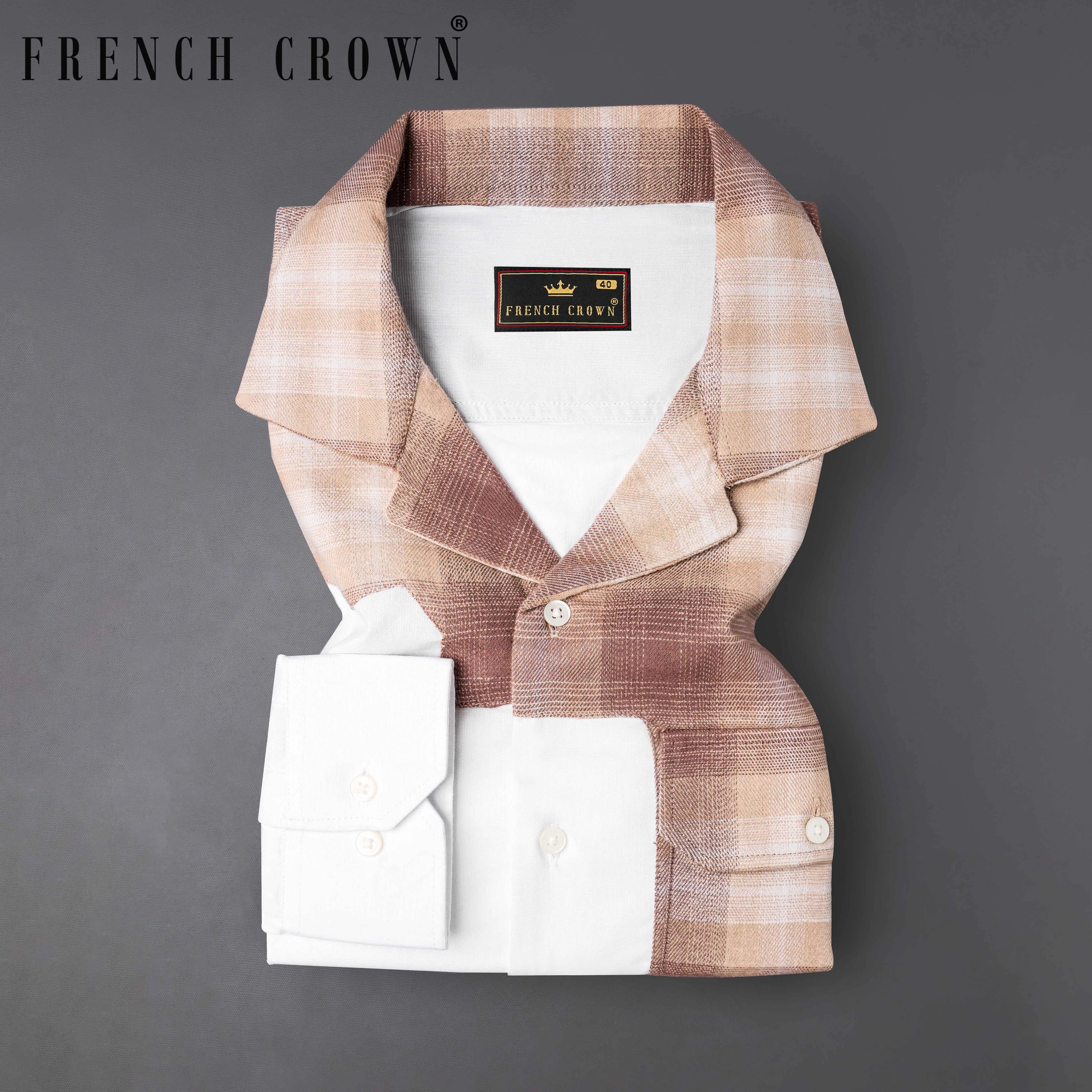 Bright White with Bizarre Brown Checkered Chambray Designer Shirt