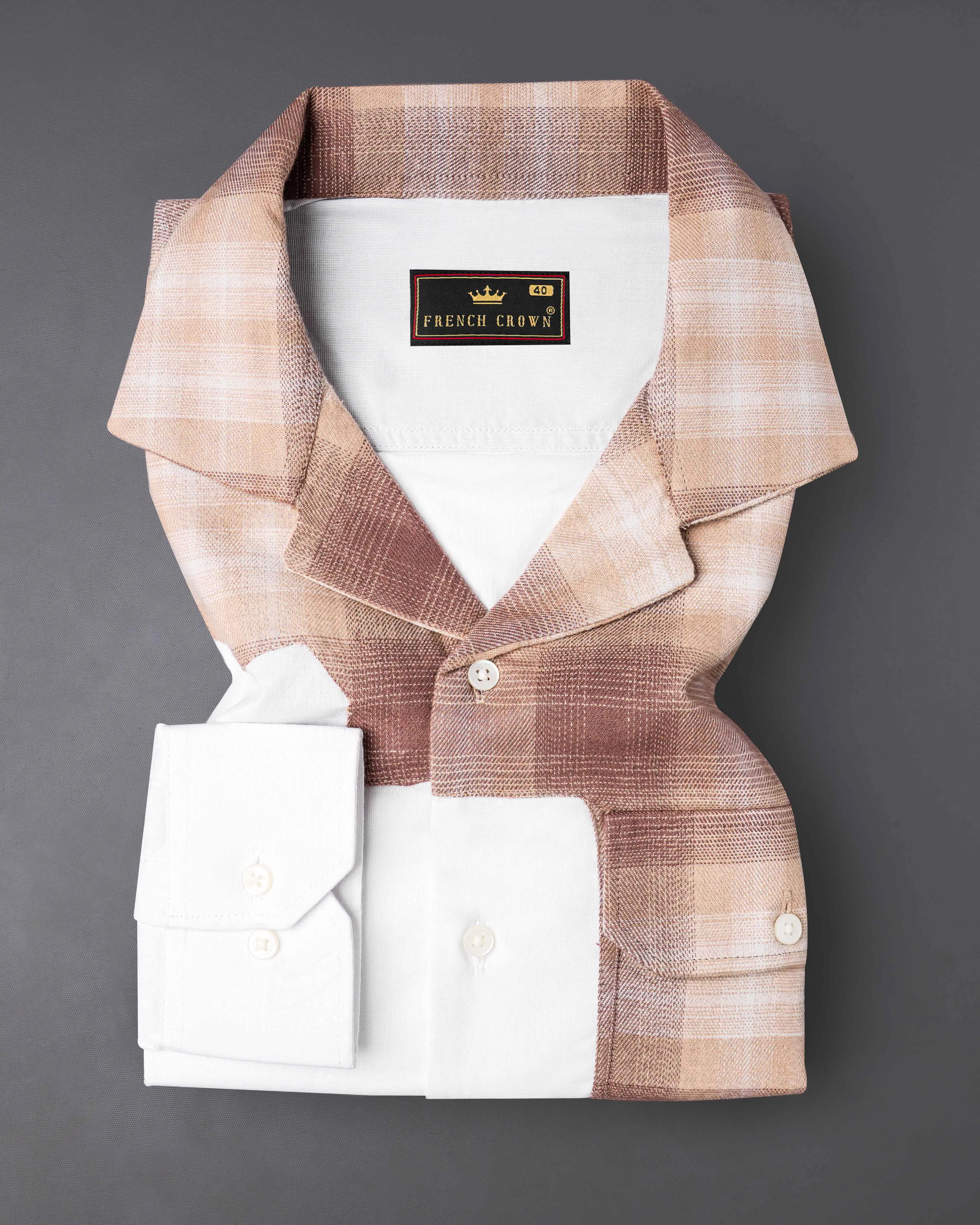 Bright White with Bizarre Brown Checkered Chambray Designer Shirt