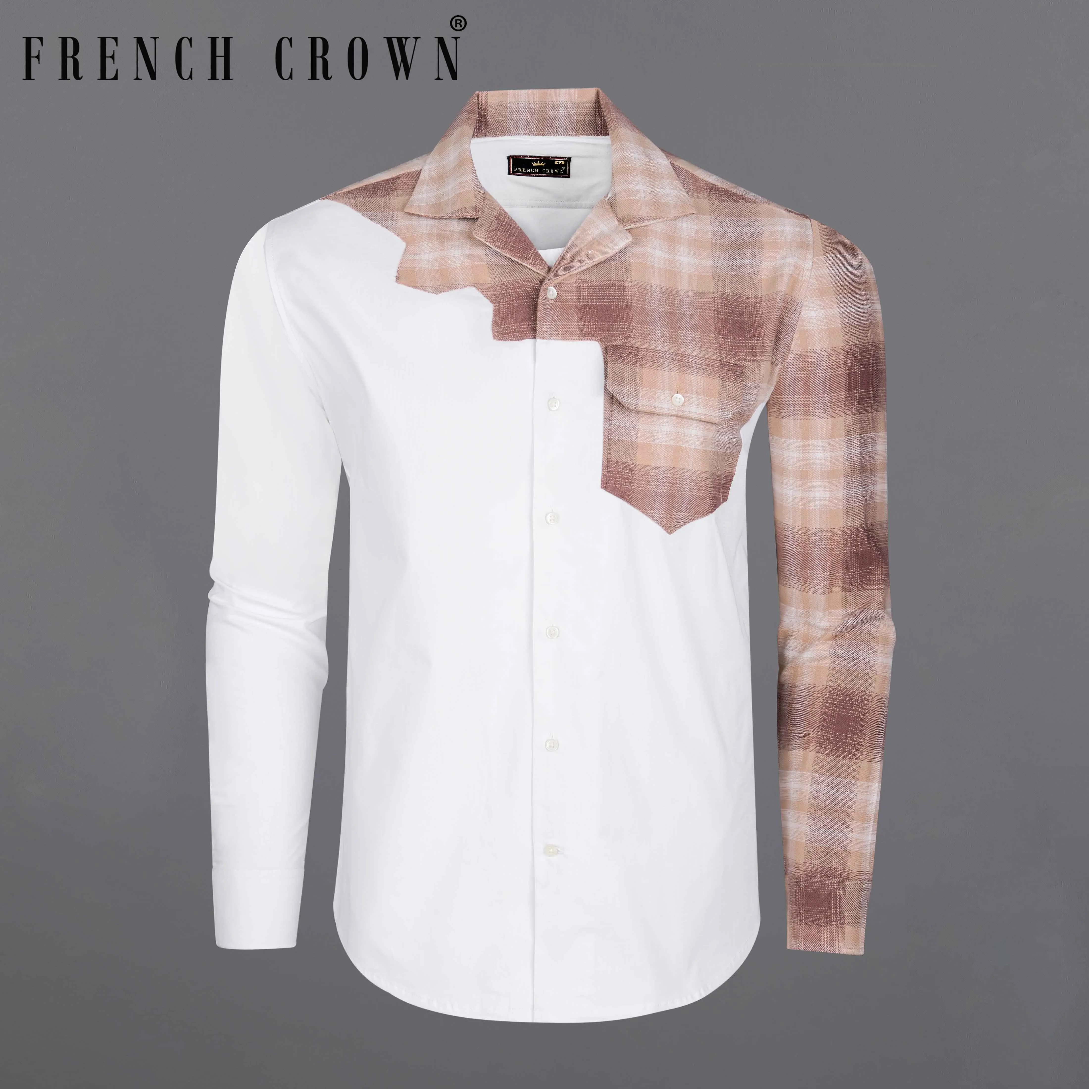 Bright White with Bizarre Brown Checkered Chambray Designer Shirt