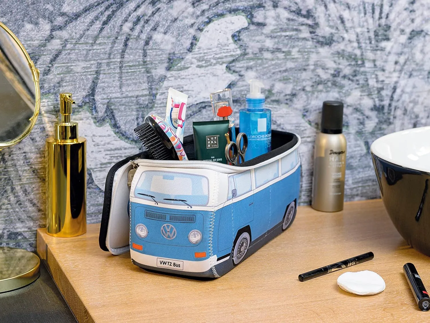 BRISA VW Collection Volkswagen Neoprene Universal Makeup Cosmetics Toiletry Travel Pharmacy Bag in T2 Bus Design (Large)