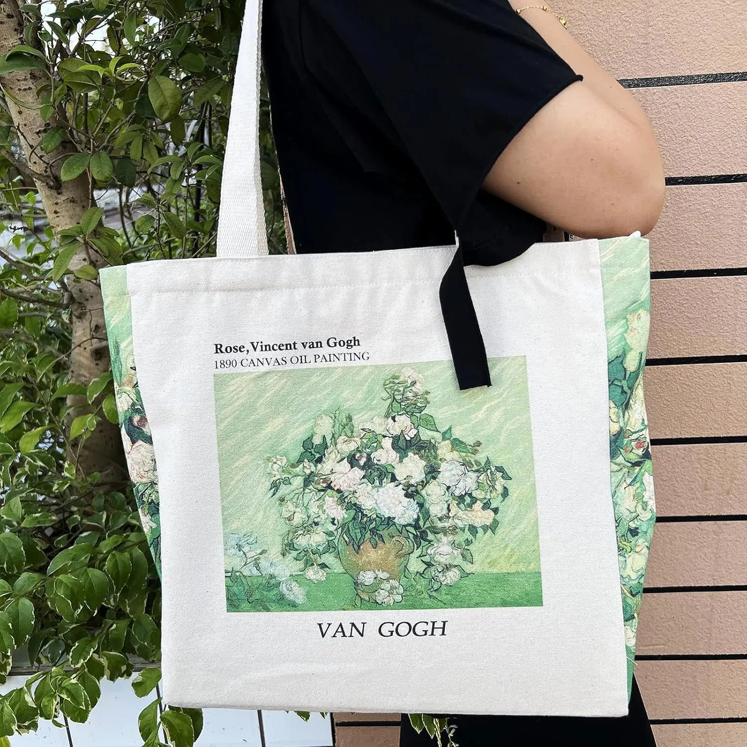 BROADREAM Canvas Tote Bag Aesthetic Shoulder Bag with Zippers and Interior Pocket