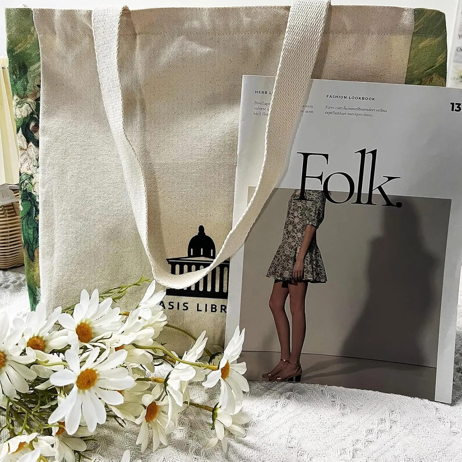 BROADREAM Canvas Tote Bag Aesthetic Shoulder Bag with Zippers and Interior Pocket