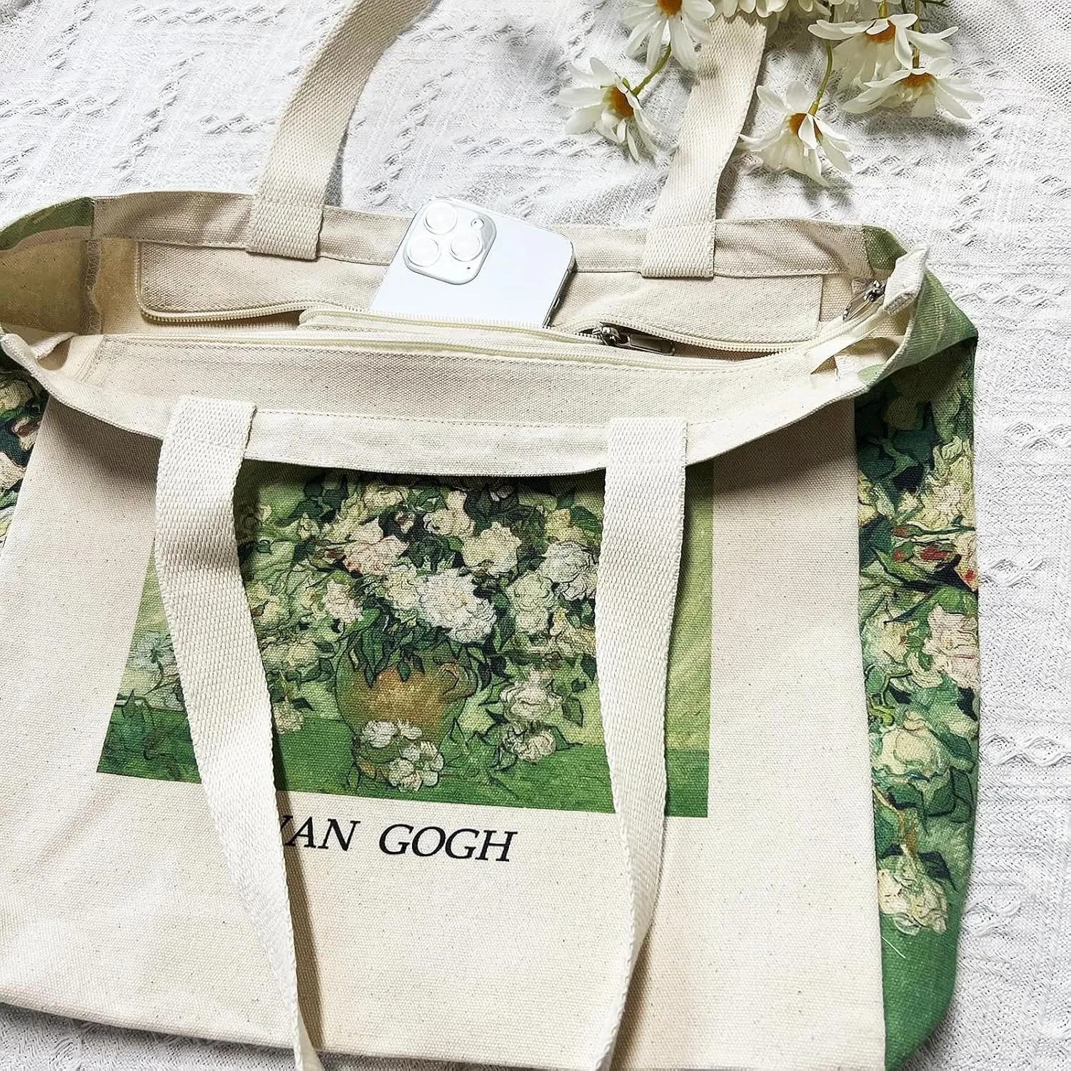 BROADREAM Canvas Tote Bag Aesthetic Shoulder Bag with Zippers and Interior Pocket