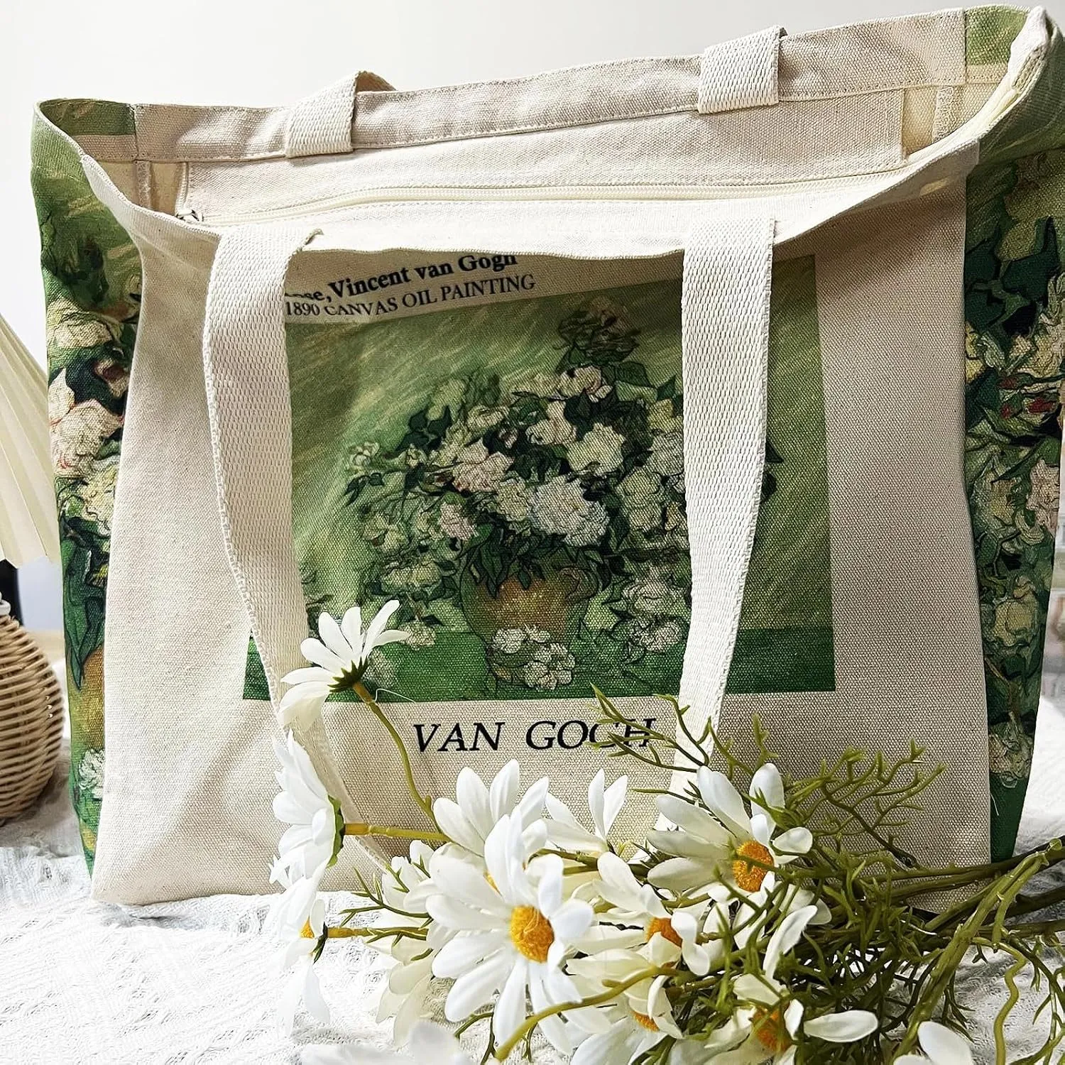 BROADREAM Canvas Tote Bag Aesthetic Shoulder Bag with Zippers and Interior Pocket