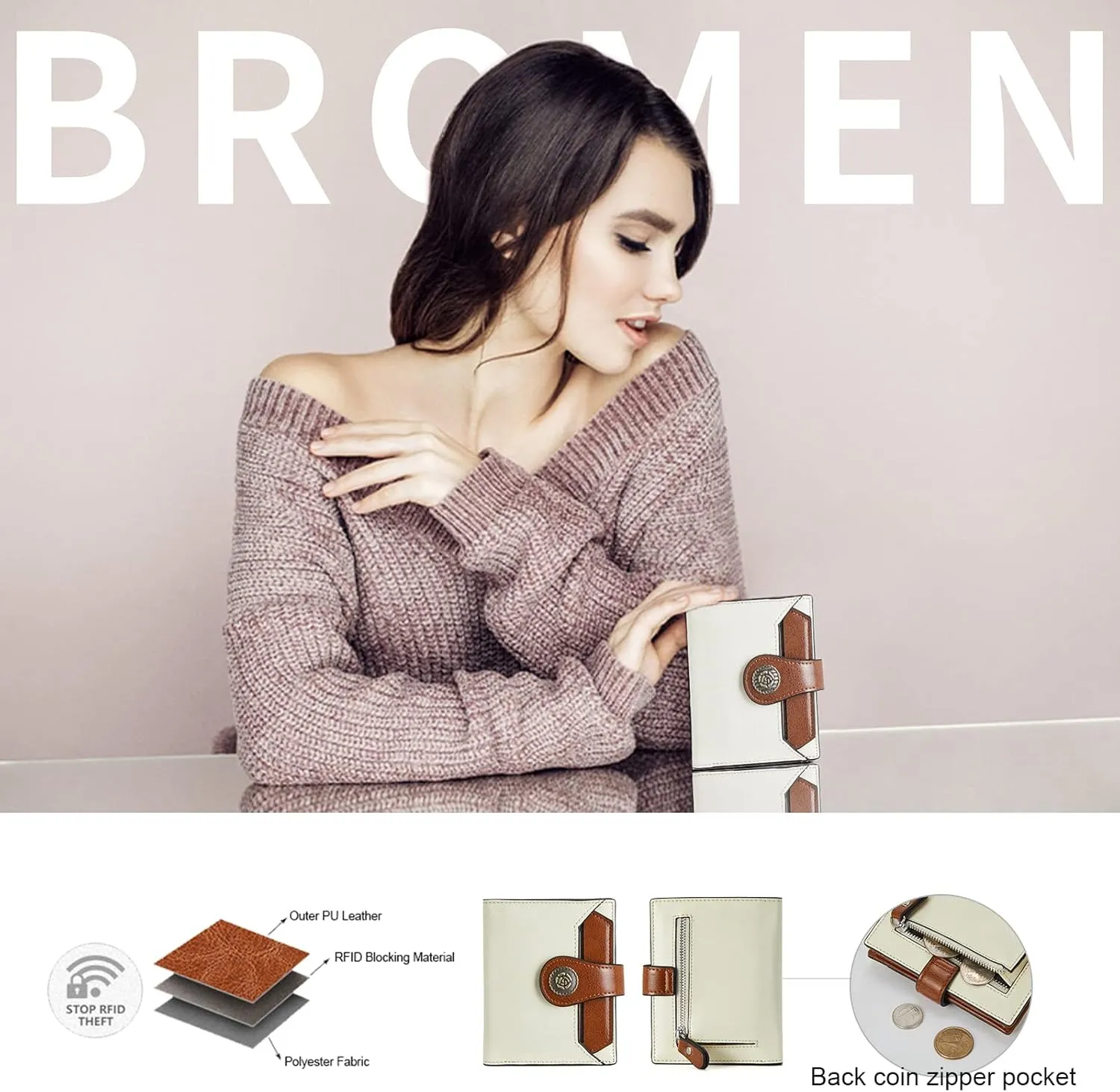 BROMEN Small Wallets for Women RFID Blocking Leather Bifold Purse Zipper Coin Pocket Credit Card Holder with ID Windows Beige Brown