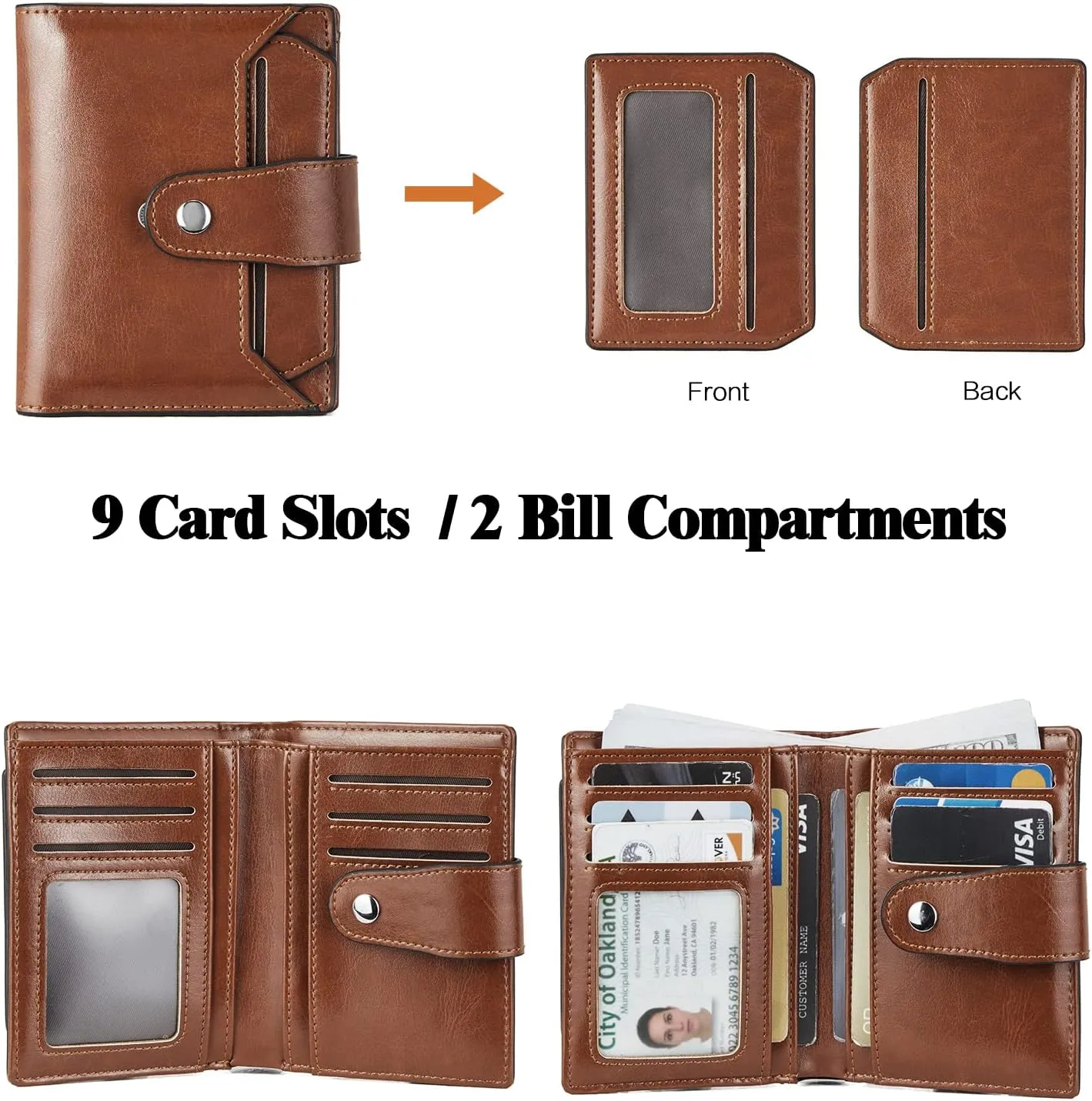 BROMEN Small Wallets for Women RFID Blocking Leather Bifold Purse Zipper Coin Pocket Credit Card Holder with ID Windows Brown