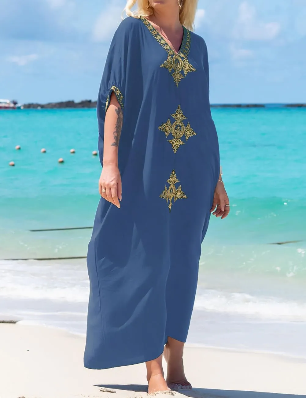 Bsubseach Gold Embroidery Long Kaftan Dresses V Neck Caftan Dress Beach Cover Ups for Women Embroidery