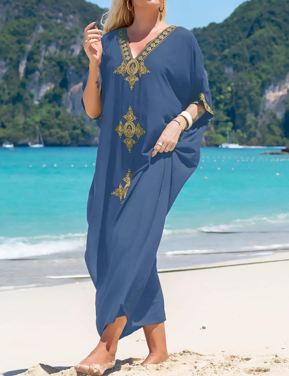 Bsubseach Gold Embroidery Long Kaftan Dresses V Neck Caftan Dress Beach Cover Ups for Women Embroidery
