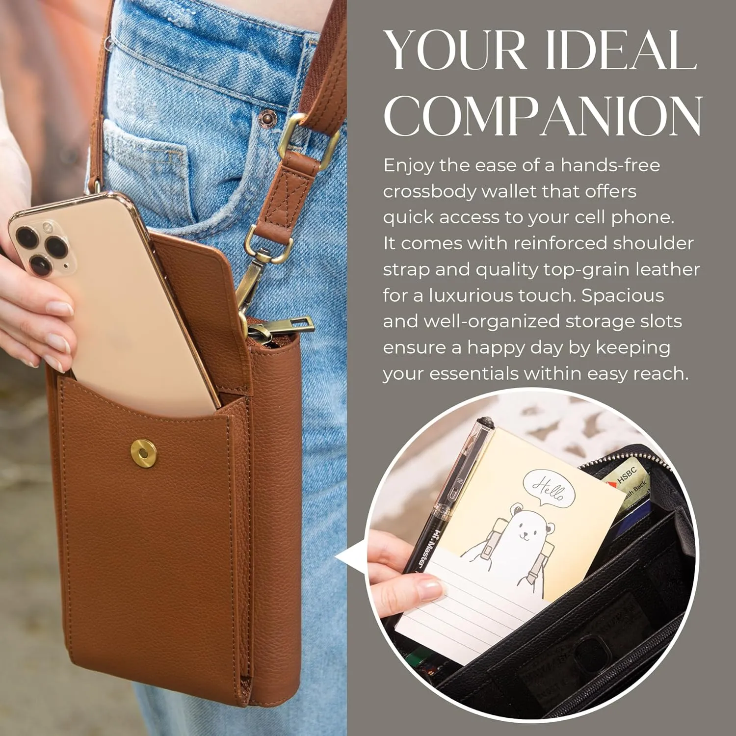 BULL GUARD Crossbody Leather Wallet Phone Purse, Anti Theft and RFID Blocking, Small Elegant Design for Travel