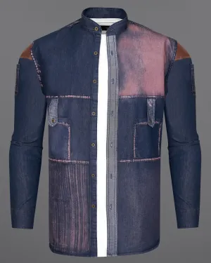 Bunting Blue with Opium Rusted Summer Denim Designer Shirt With Leather Patch Work