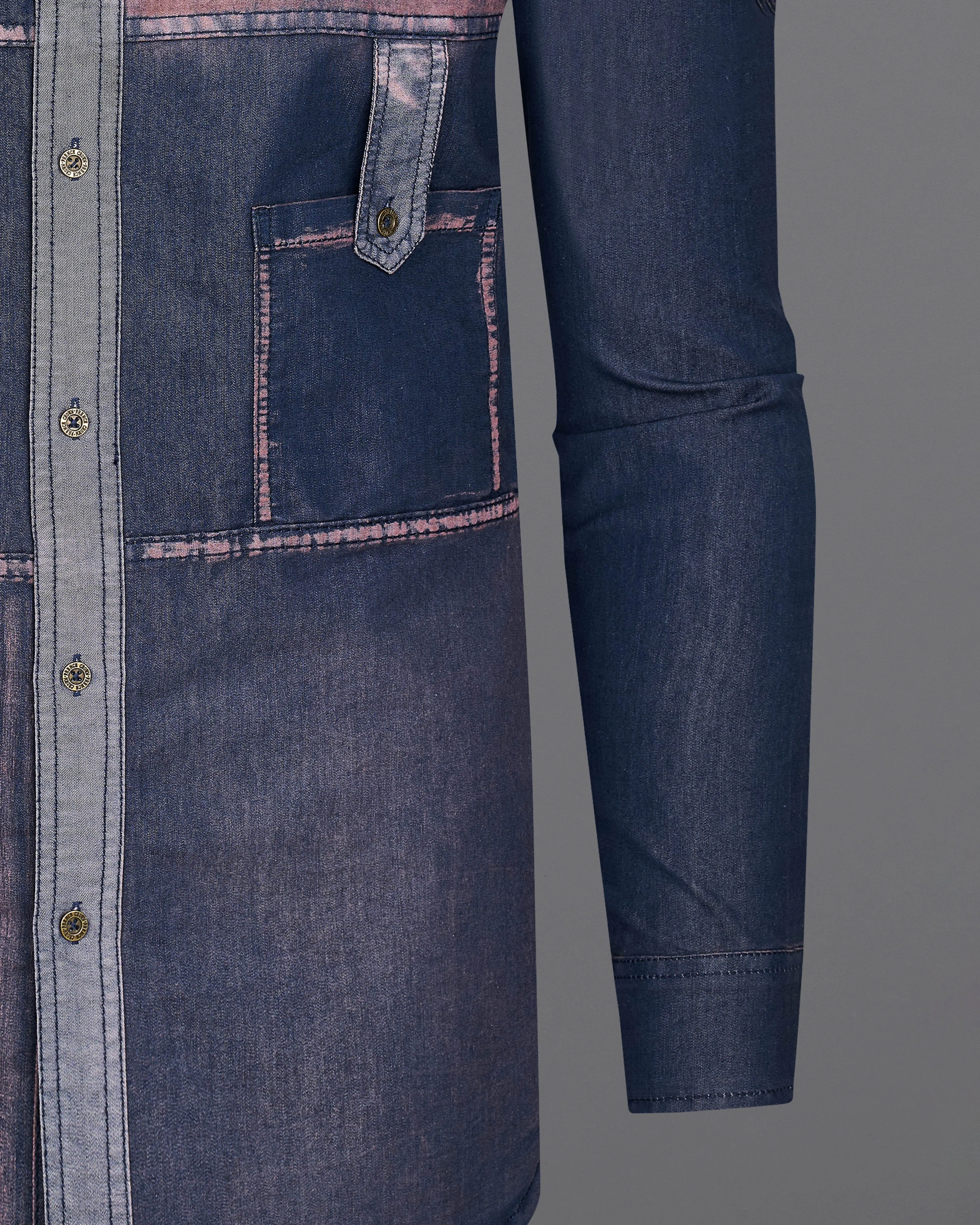 Bunting Blue with Opium Rusted Summer Denim Designer Shirt With Leather Patch Work