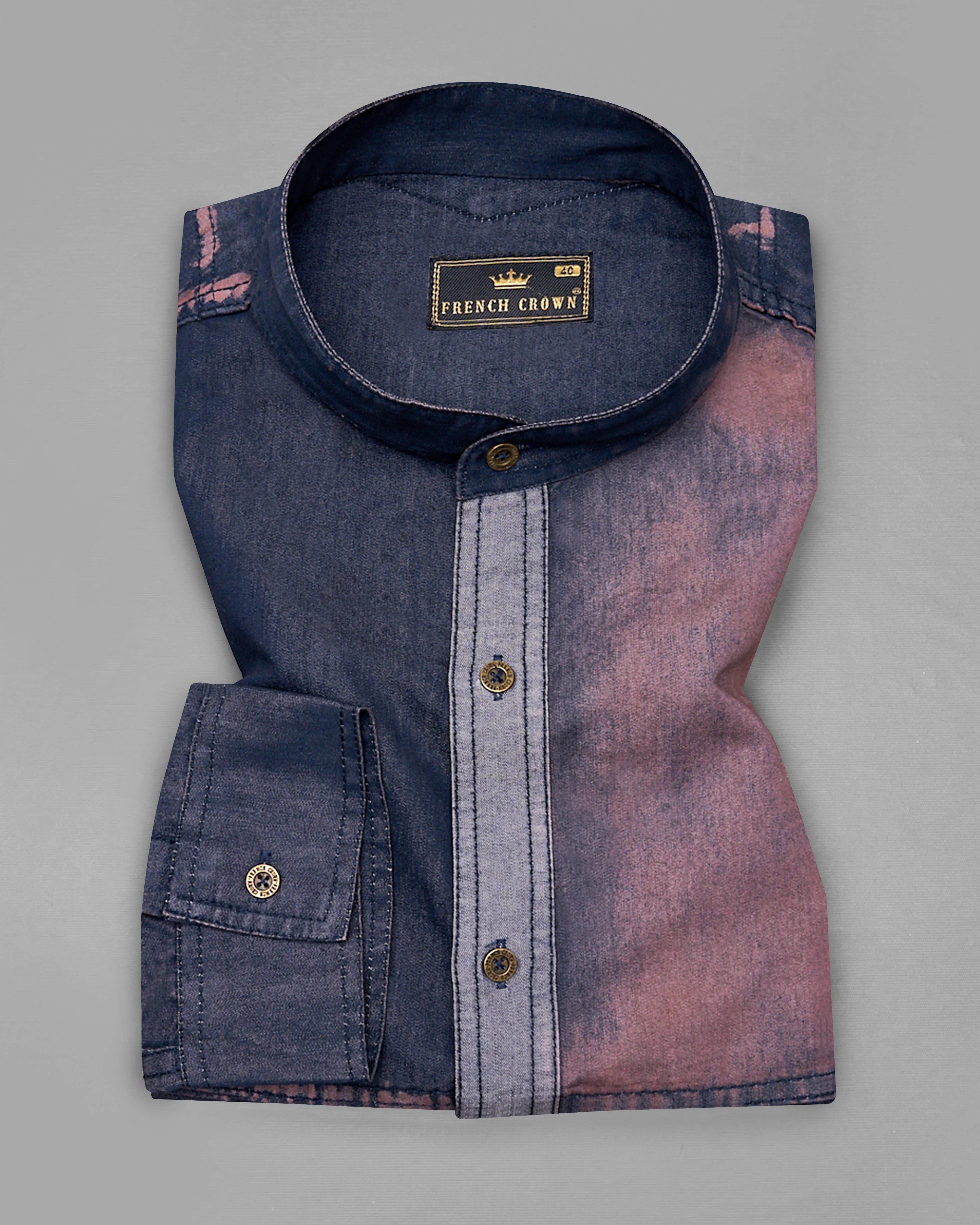 Bunting Blue with Opium Rusted Summer Denim Designer Shirt With Leather Patch Work