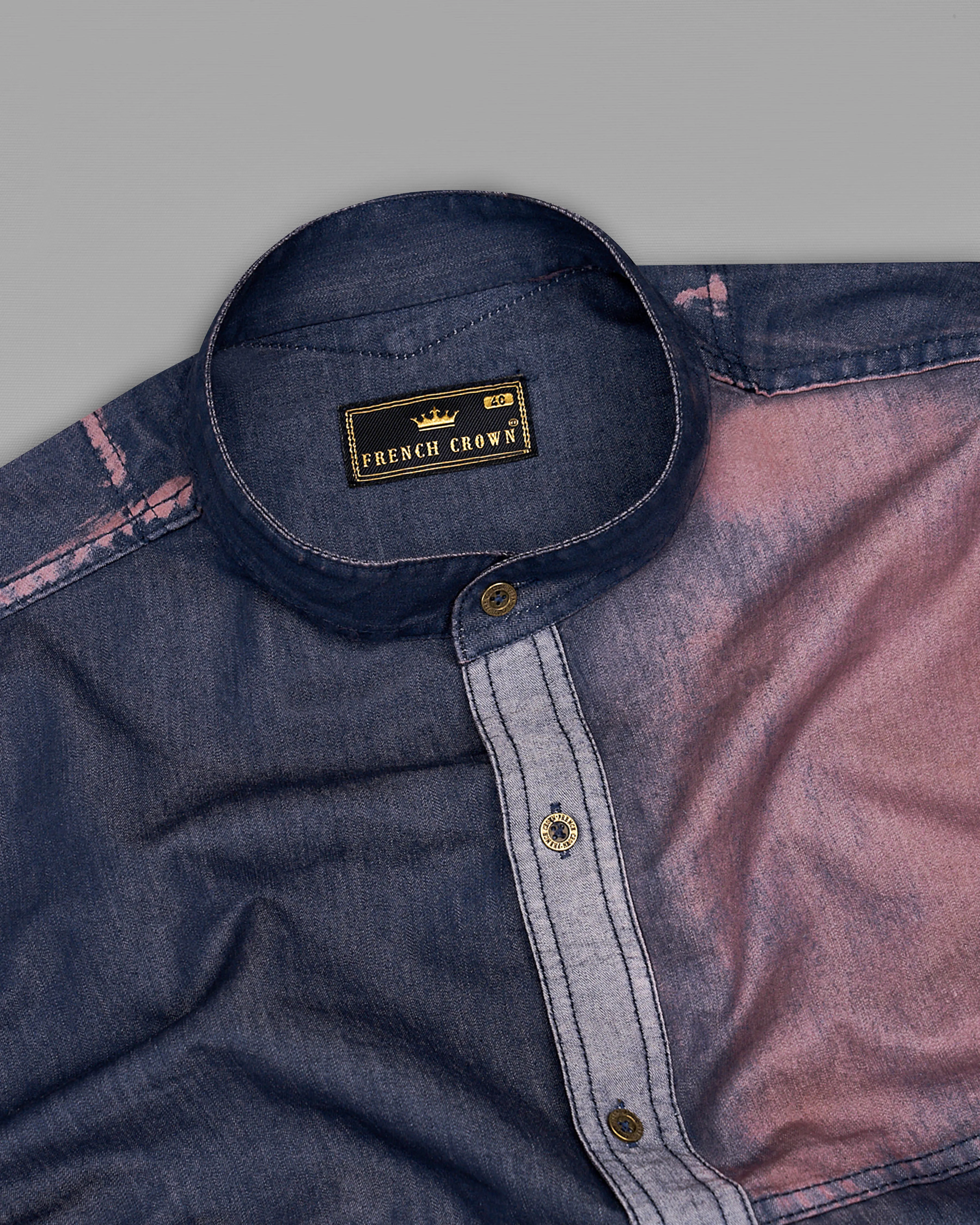 Bunting Blue with Opium Rusted Summer Denim Designer Shirt With Leather Patch Work
