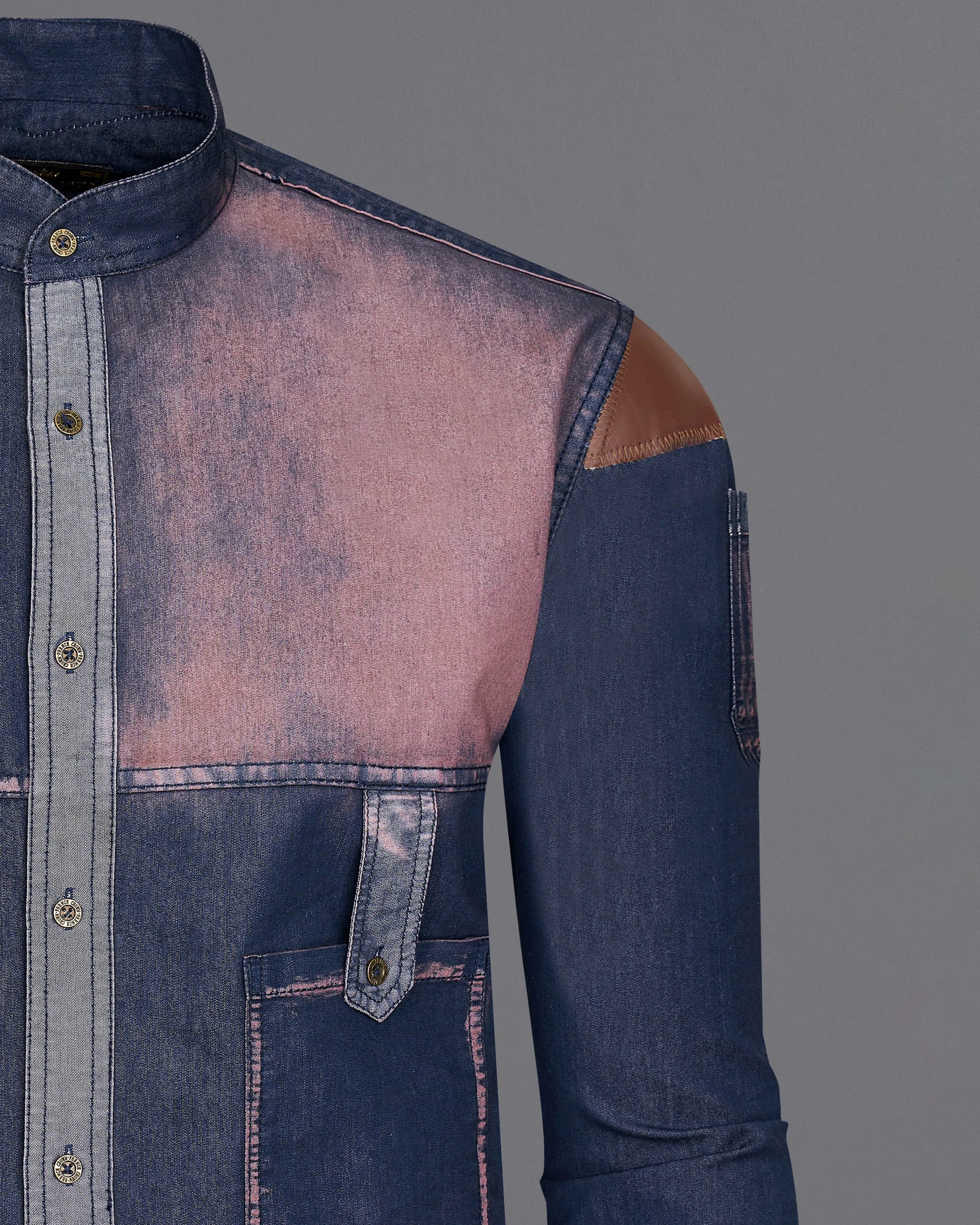 Bunting Blue with Opium Rusted Summer Denim Designer Shirt With Leather Patch Work