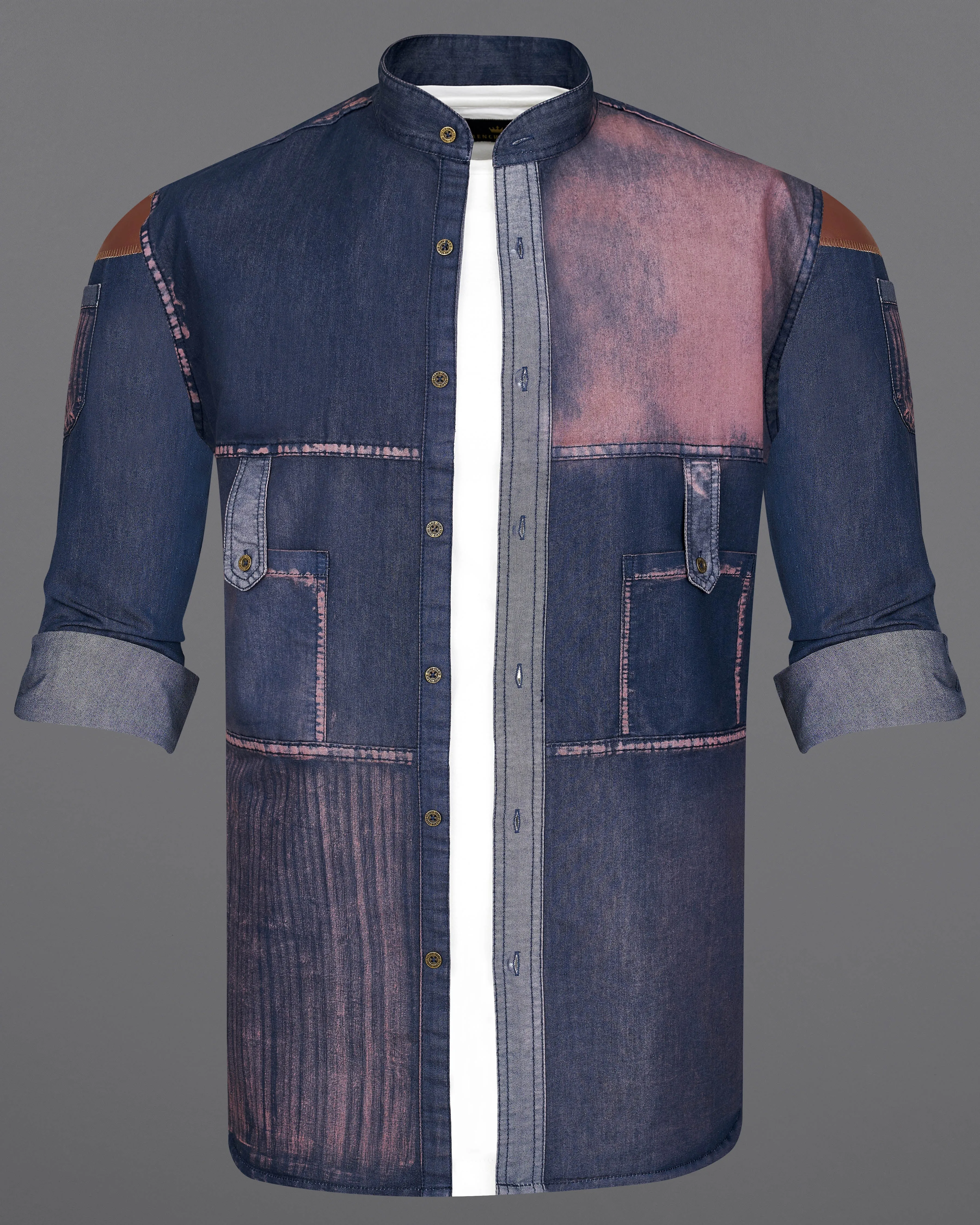 Bunting Blue with Opium Rusted Summer Denim Designer Shirt With Leather Patch Work