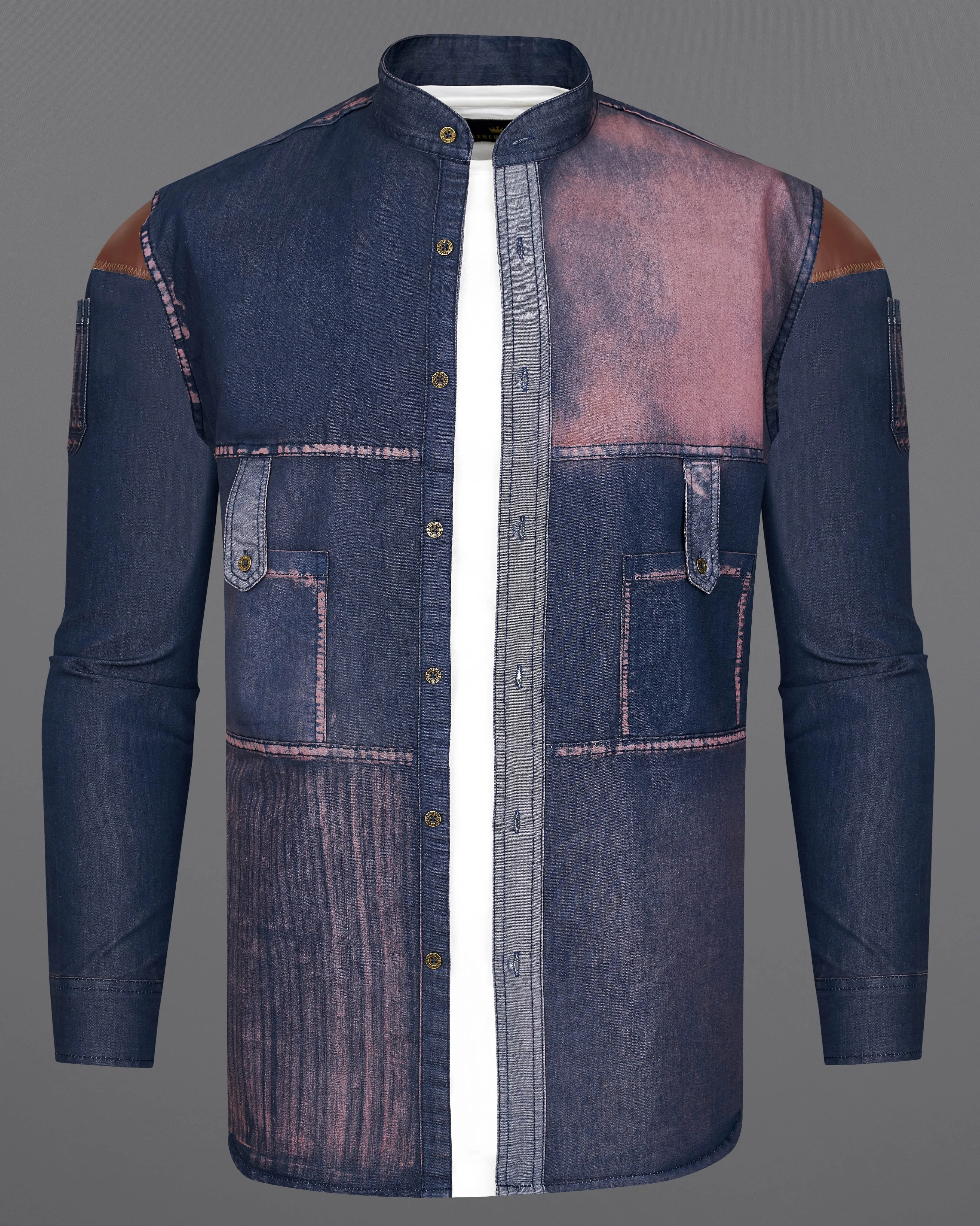 Bunting Blue with Opium Rusted Summer Denim Designer Shirt With Leather Patch Work