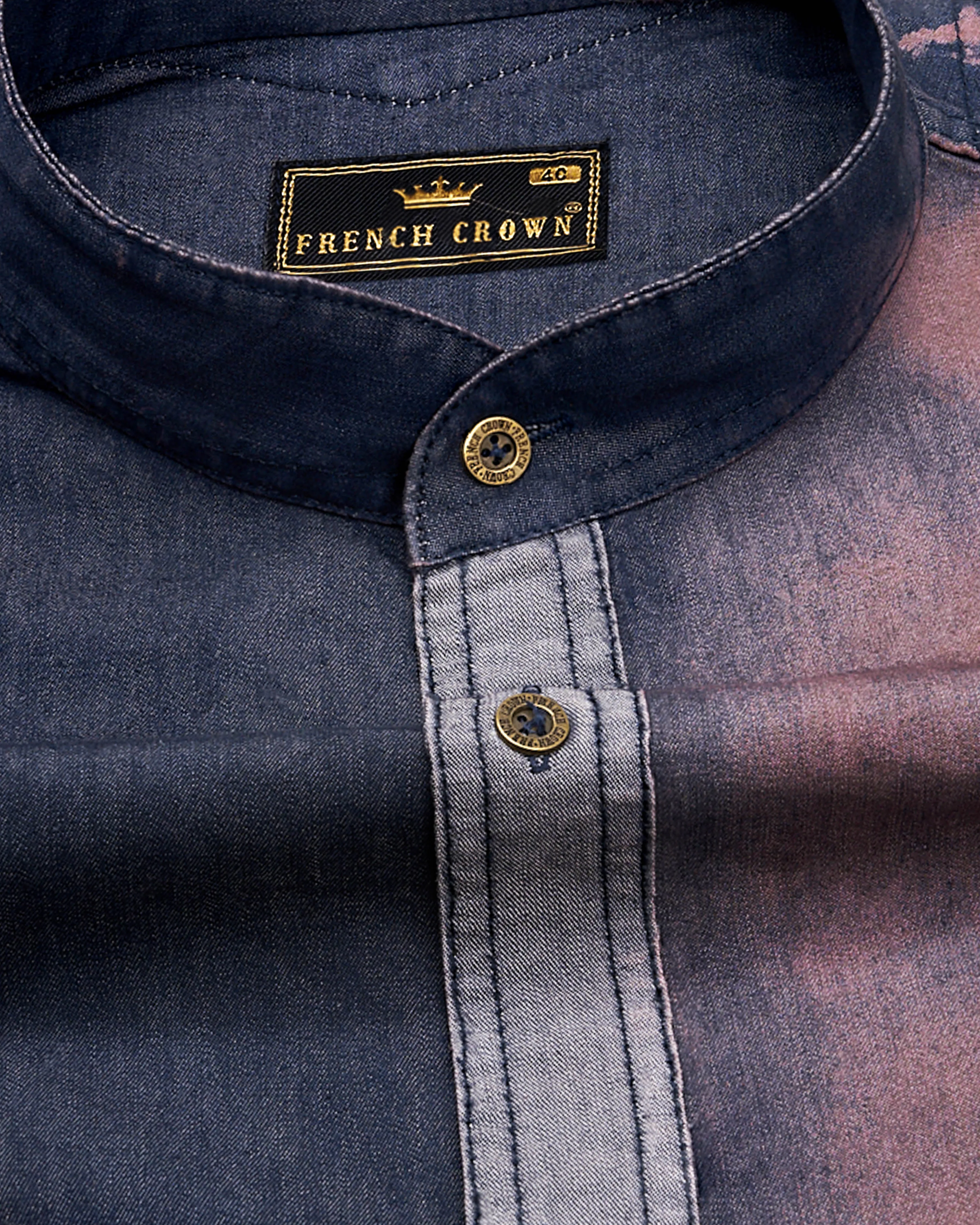 Bunting Blue with Opium Rusted Summer Denim Designer Shirt With Leather Patch Work