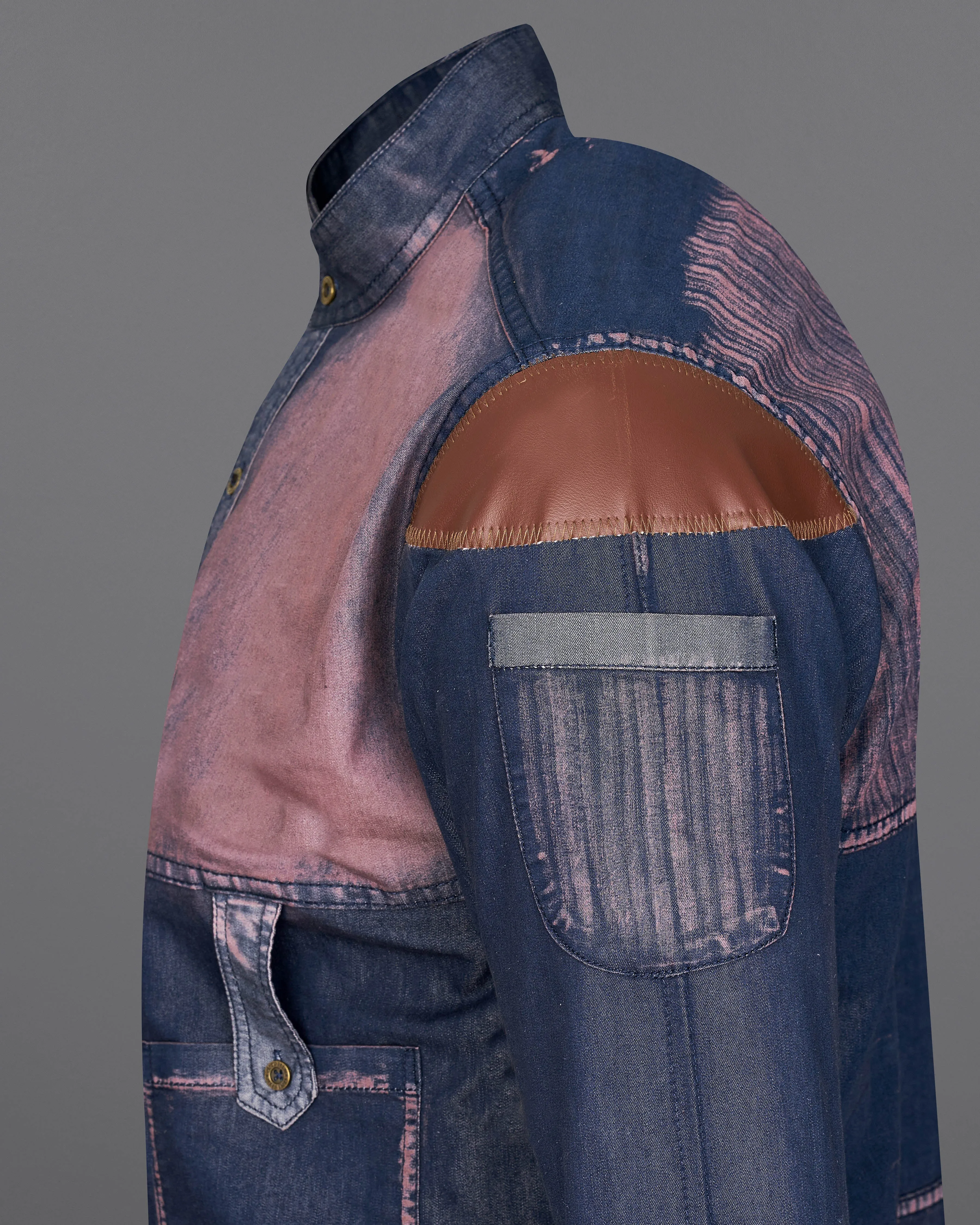 Bunting Blue with Opium Rusted Summer Denim Designer Shirt With Leather Patch Work