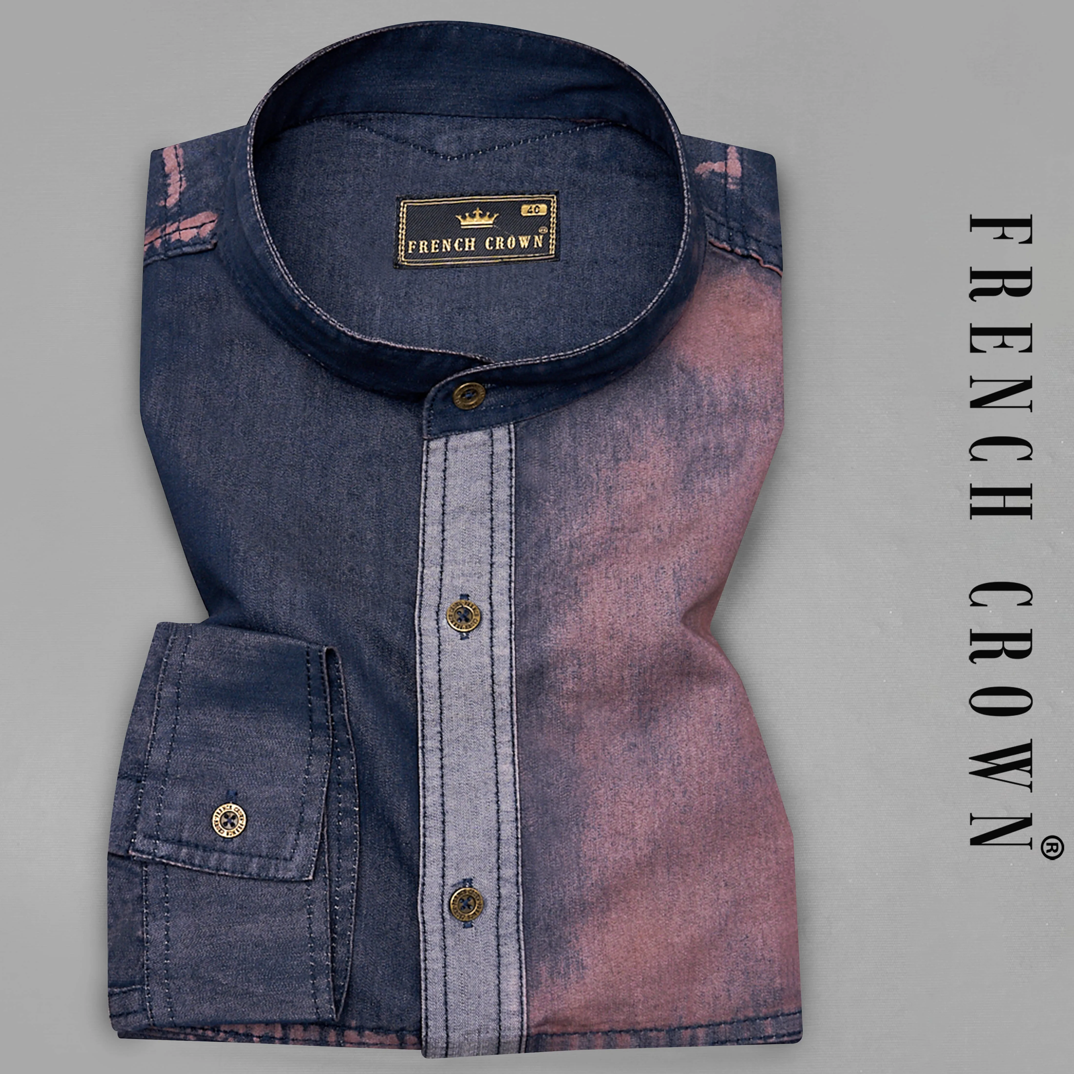 Bunting Blue with Opium Rusted Summer Denim Designer Shirt With Leather Patch Work