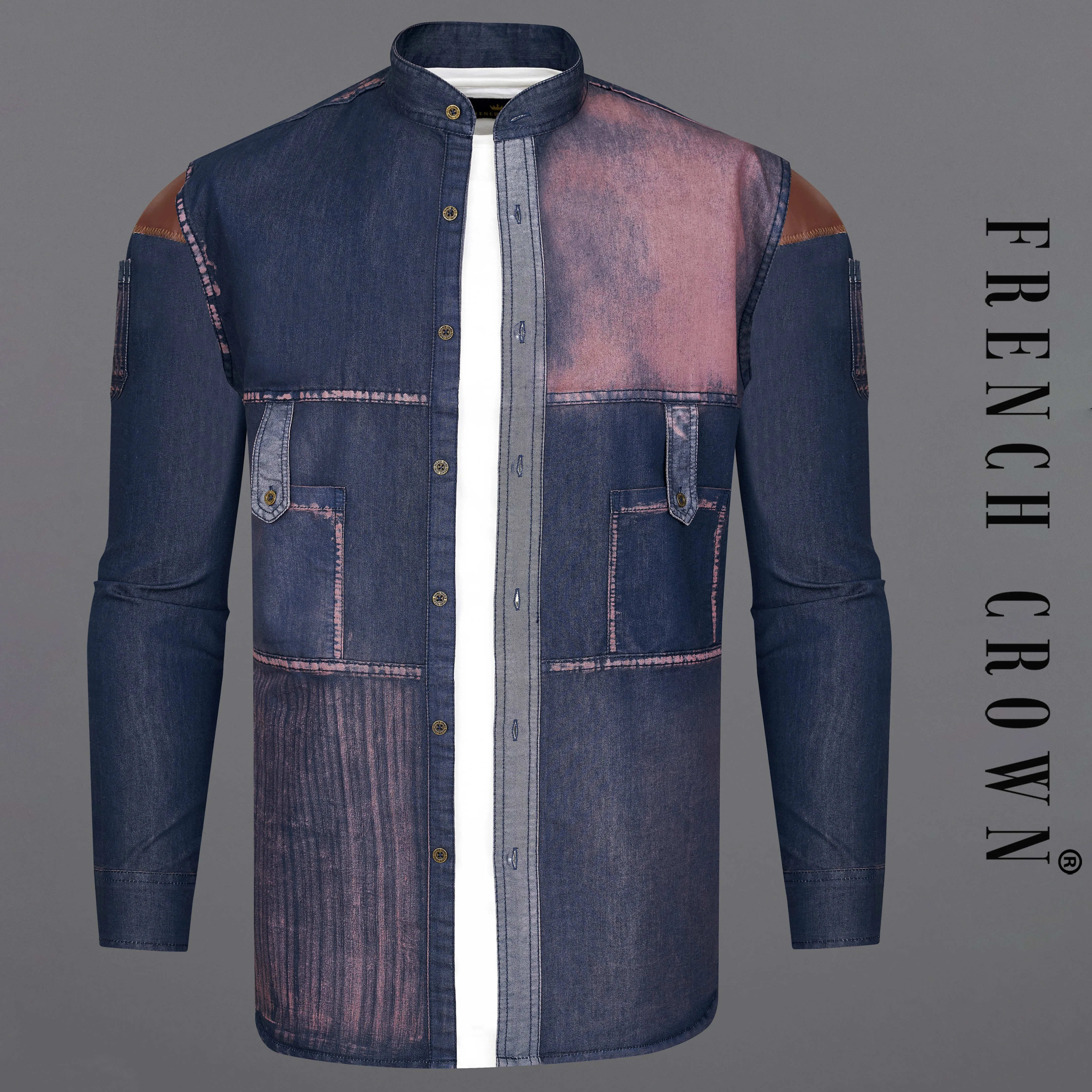 Bunting Blue with Opium Rusted Summer Denim Designer Shirt With Leather Patch Work