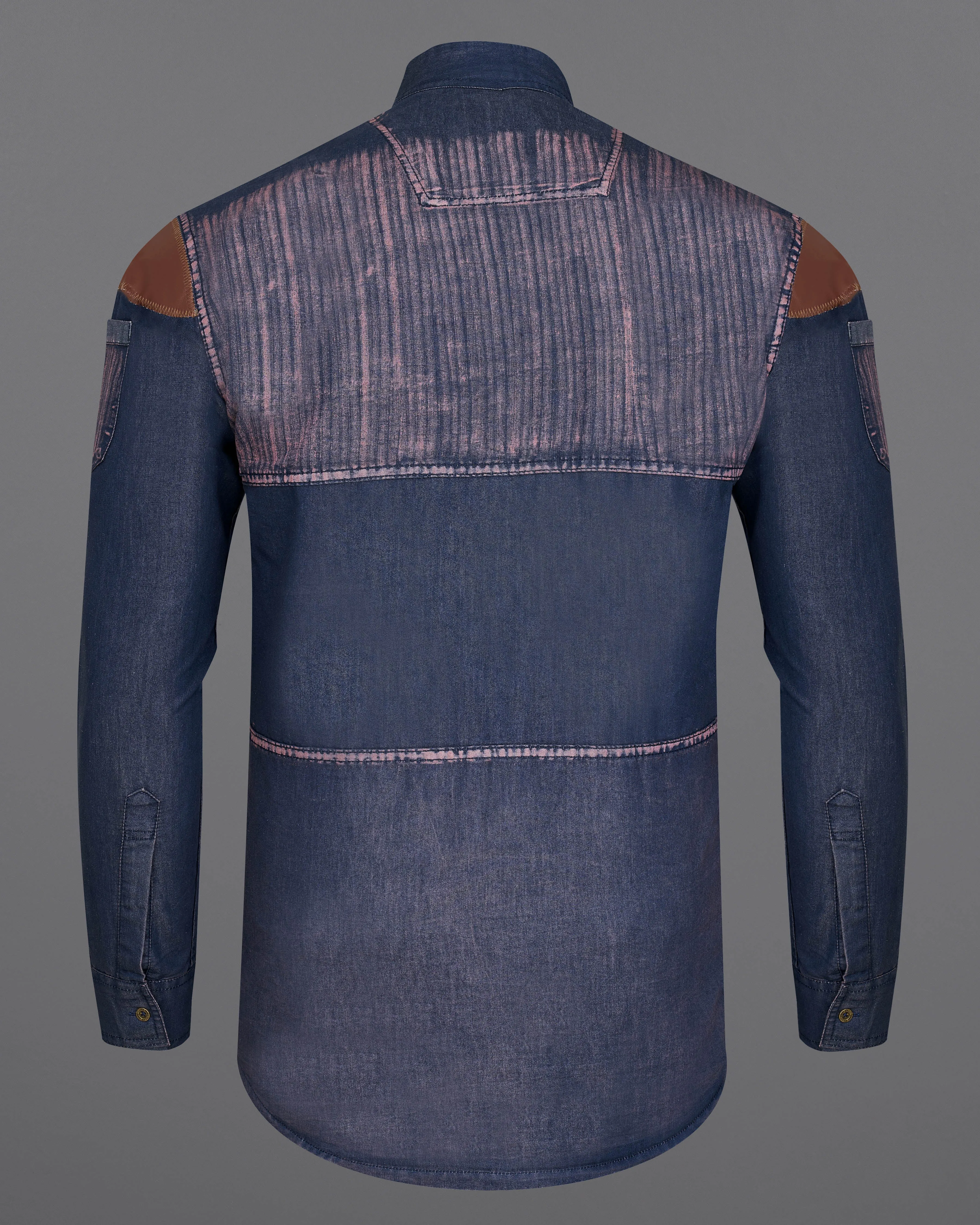 Bunting Blue with Opium Rusted Summer Denim Designer Shirt With Leather Patch Work