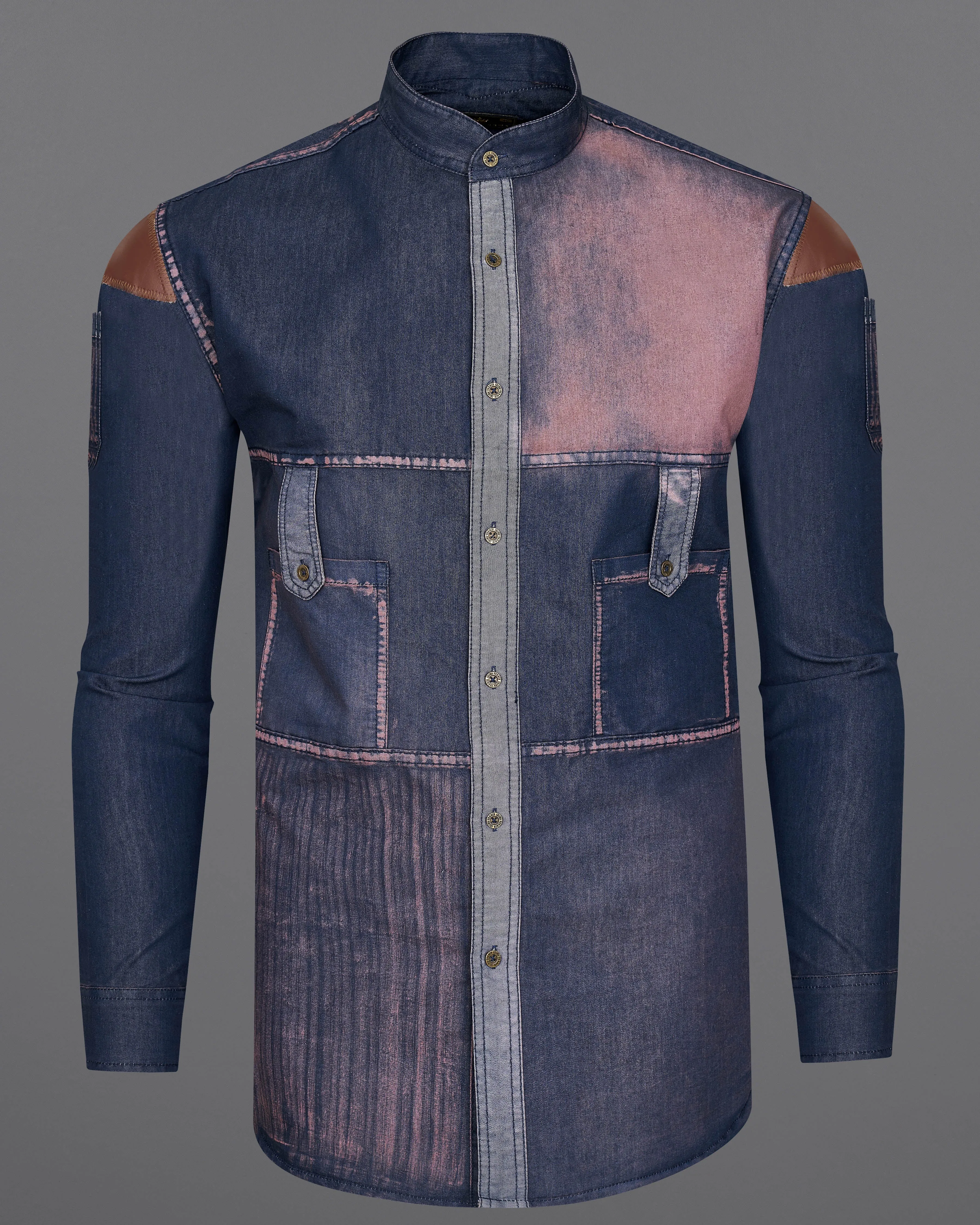 Bunting Blue with Opium Rusted Summer Denim Designer Shirt With Leather Patch Work