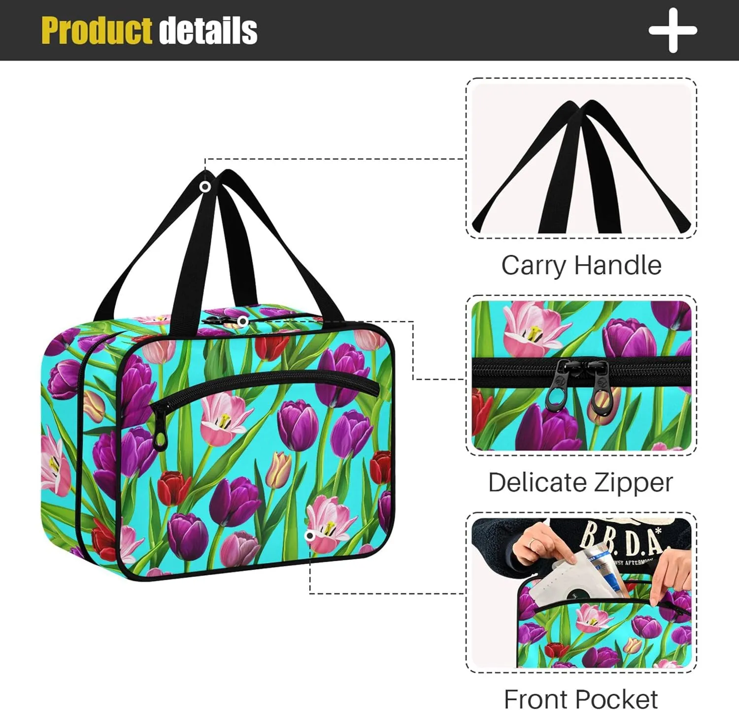 Burbuja Vibrant Tulips Hanging Travel Toiletry Bag with Hook, Waterproof Toiletry Bag Cosmetic Organizer for Toiletries Bathroom for Women, L