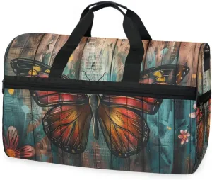 Butterfly Wooden Travel Duffel Bag Luggage Sports Gym Bags With Shoes Compartment Large Capacity Lightweight Duffle Bag For Men Women