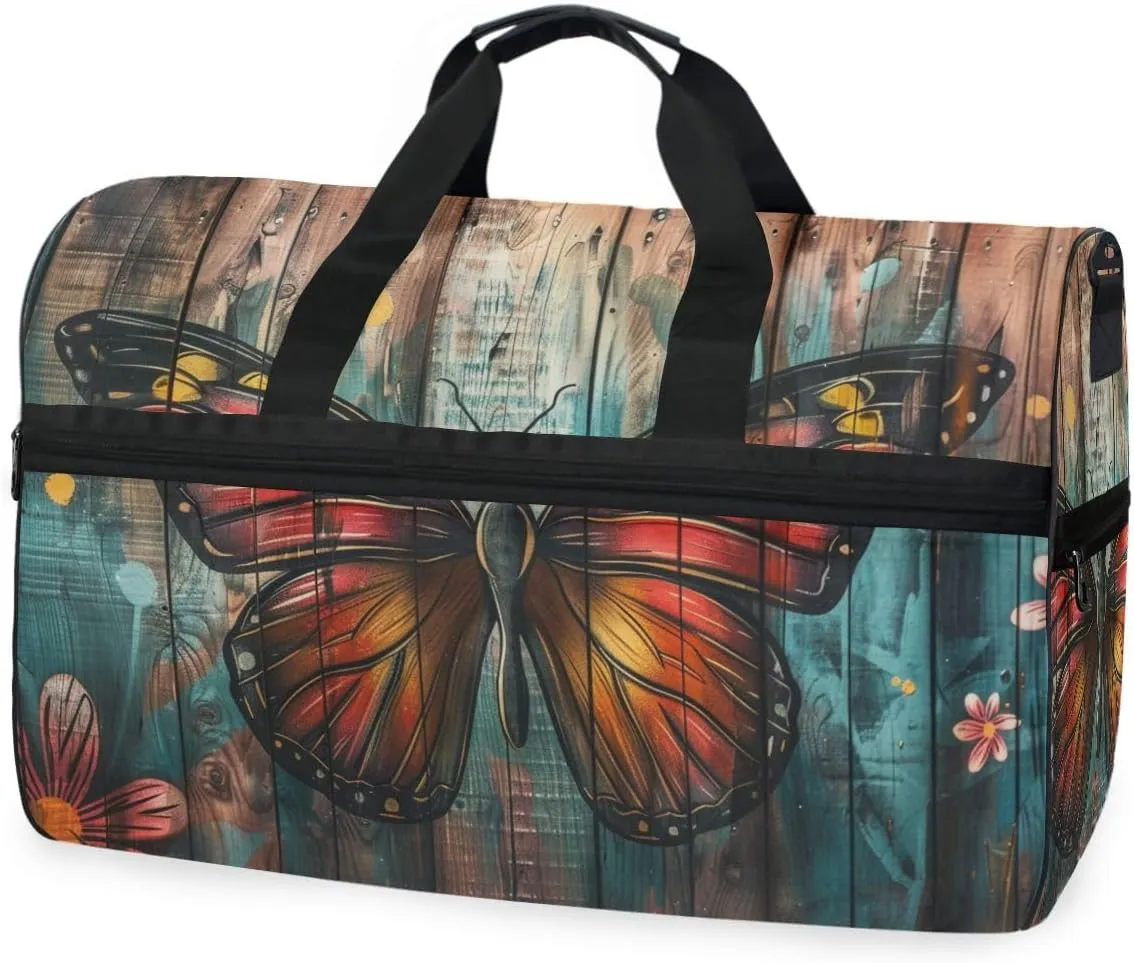 Butterfly Wooden Travel Duffel Bag Luggage Sports Gym Bags With Shoes Compartment Large Capacity Lightweight Duffle Bag For Men Women