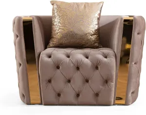 Button Tufted Chair with Velvet Fabric and Gold Accent, Modern Transitional Design, Taupe